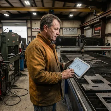 Fabricator reviewing CAD drawings near metal fabrication equipment
