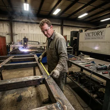 Fabricator measuring a welded steel component