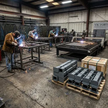 Industrial metal fabrication shop with welded steel parts