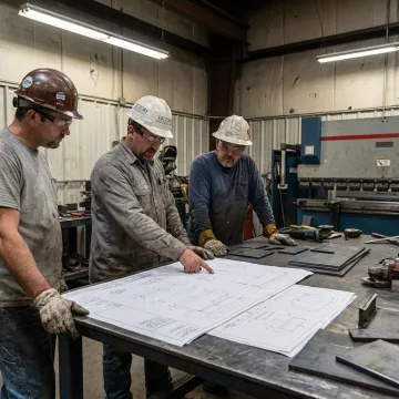 Fabrication team reviewing metal parts during production