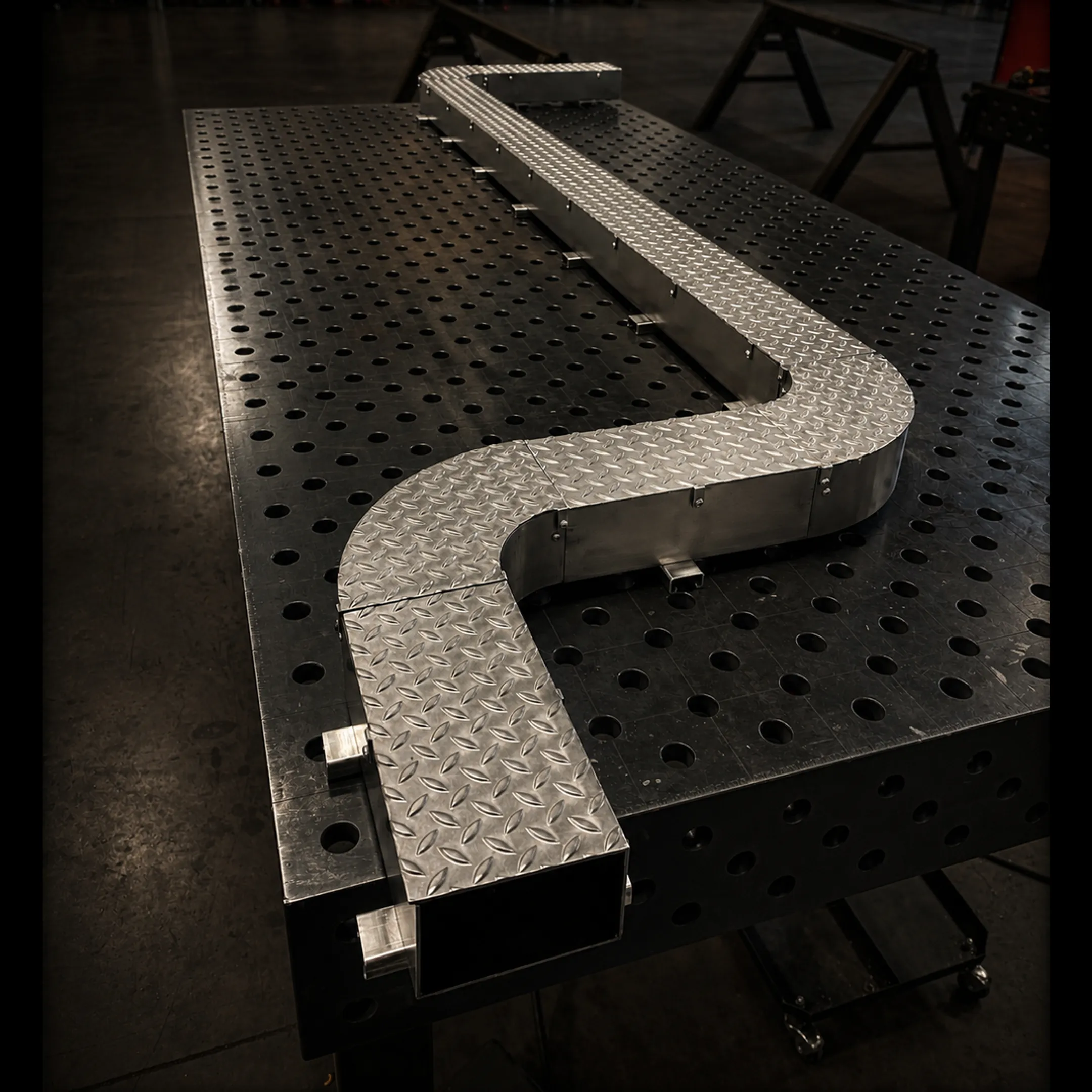 Custom metal staircase fabrication in industrial shop