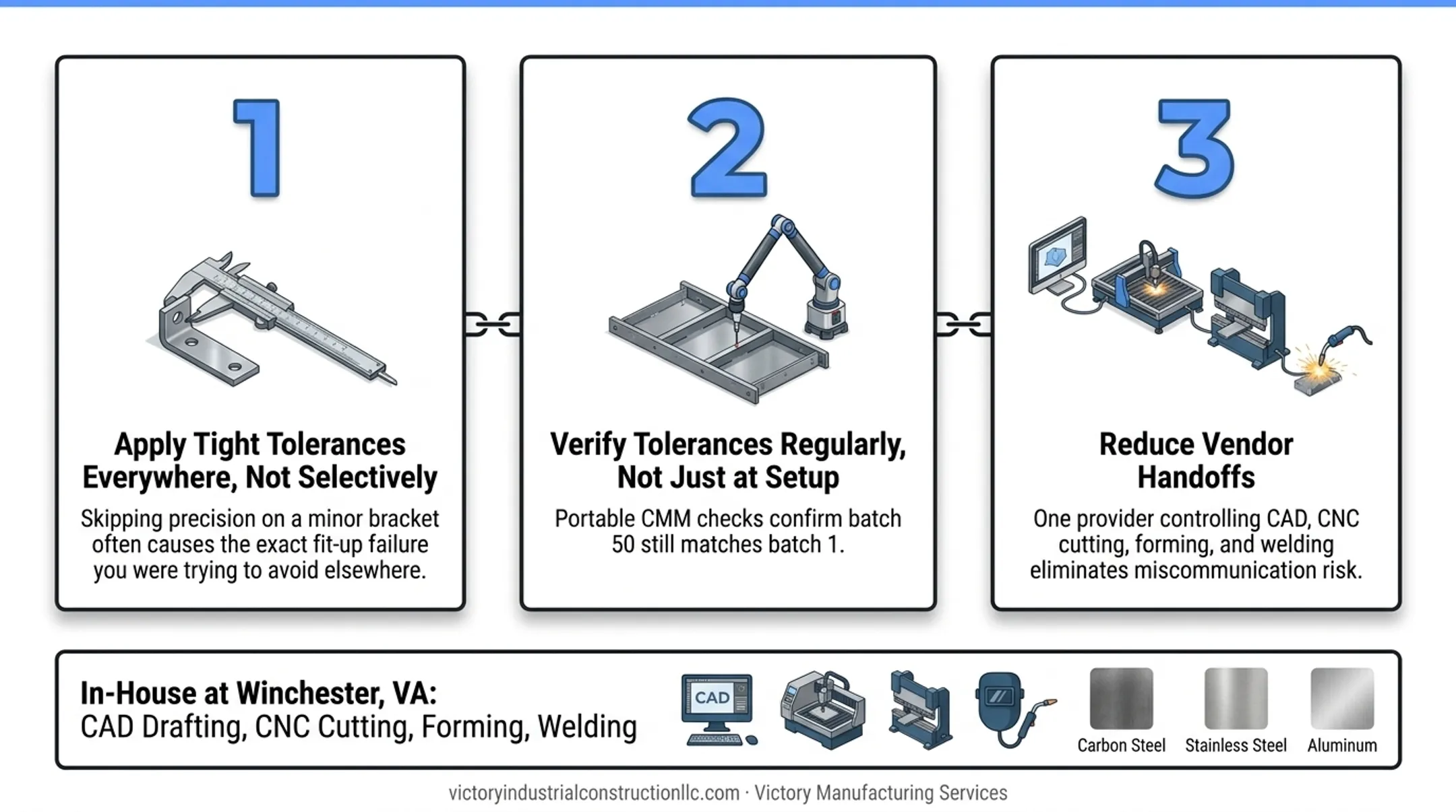 Three-step process to maximize precision fabrication value and cut assembly errors