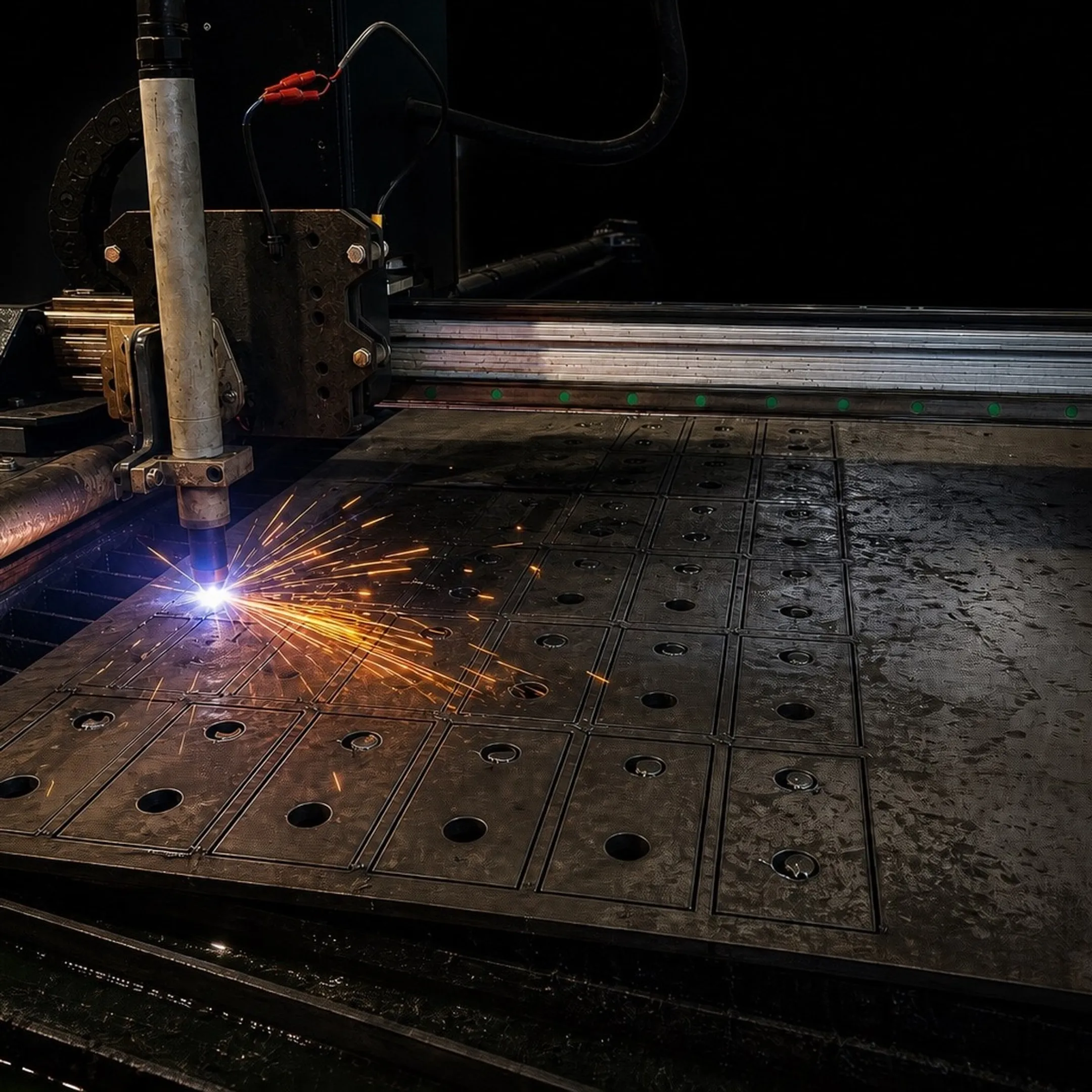 Metal fabricator reviewing drawings beside cut steel parts