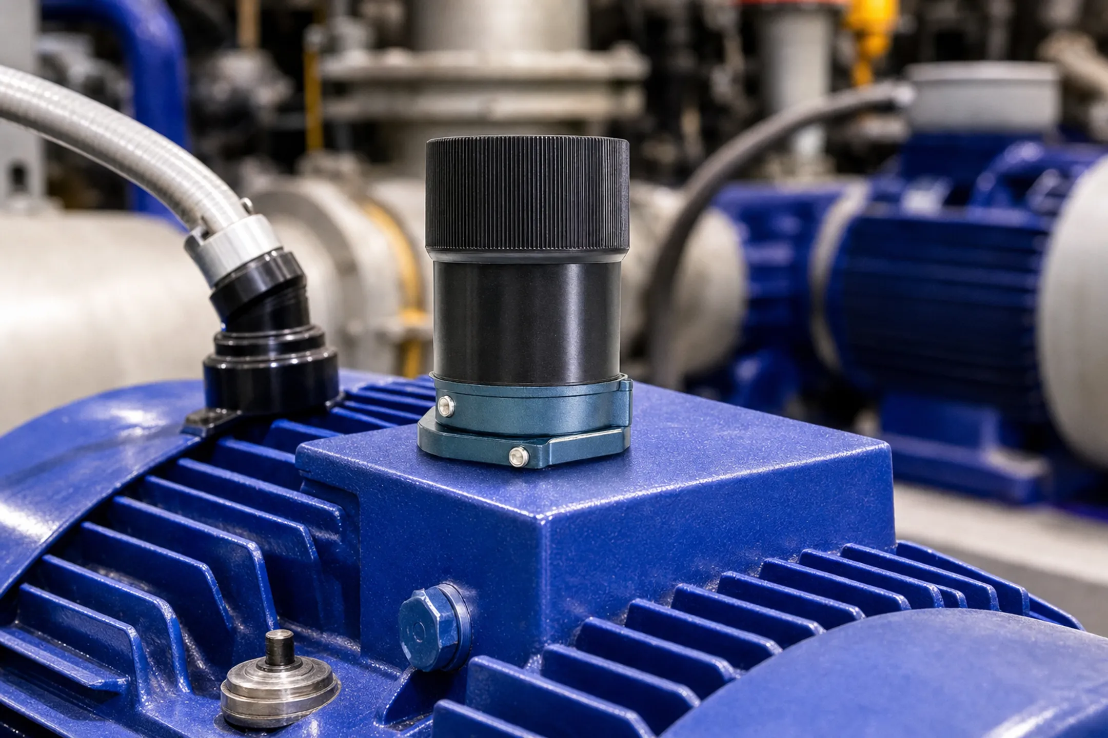 Industrial vibration sensor mounted on rotating manufacturing equipment