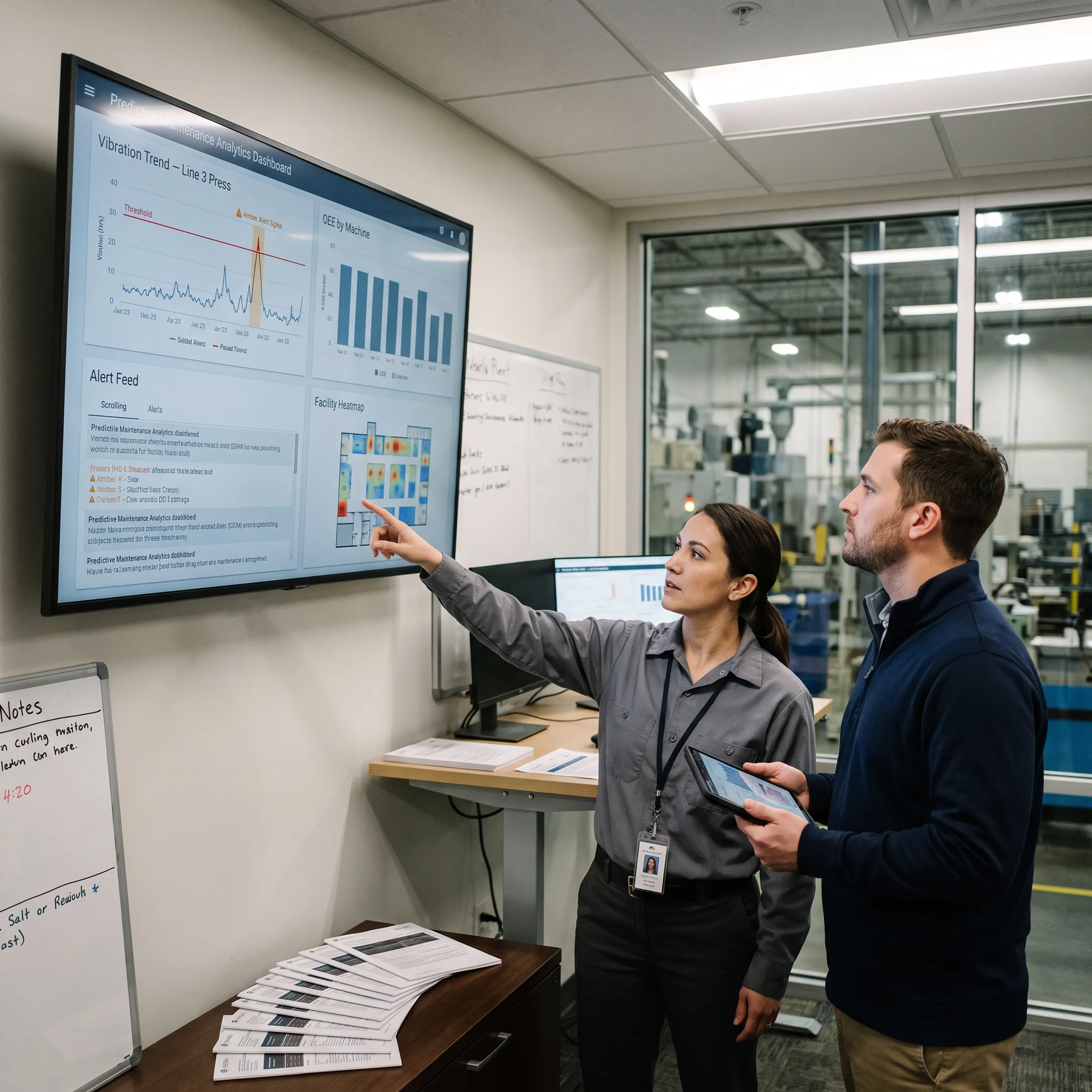 Manufacturing team reviewing predictive maintenance analytics