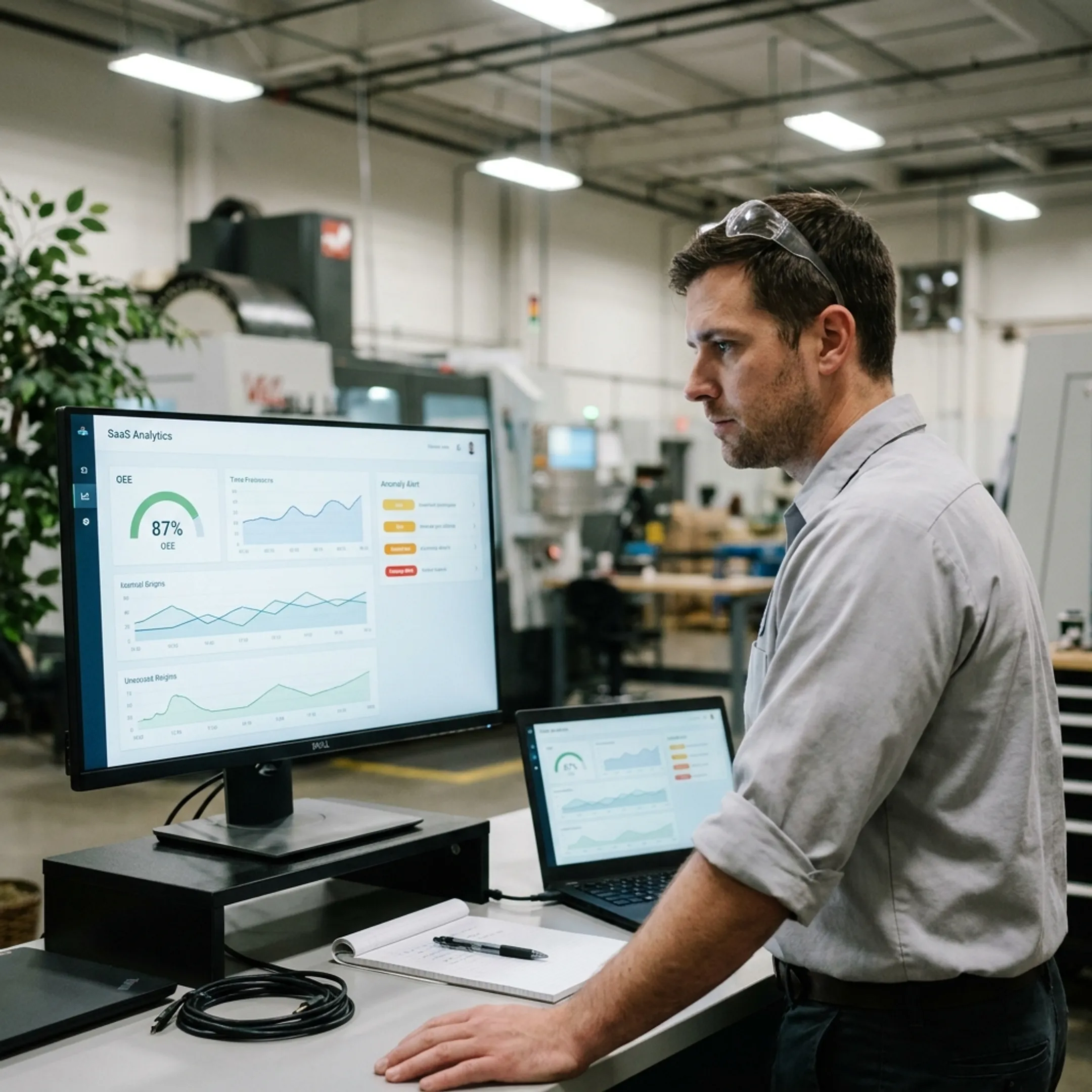 Engineer reviewing real-time machine monitoring analytics