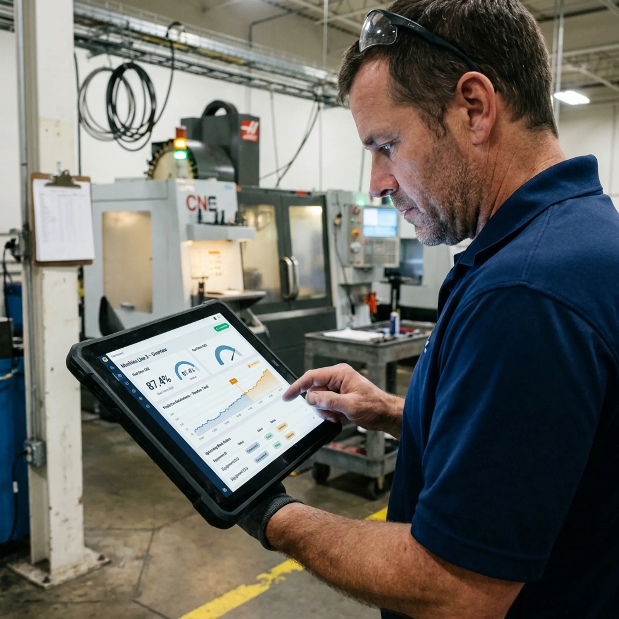 Operator reviewing industrial IoT analytics on a factory dashboard
