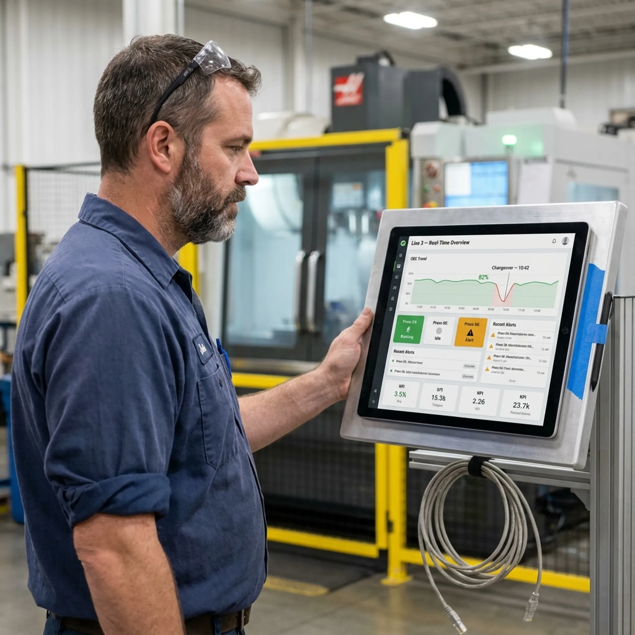 Operator monitoring digital production metrics beside manufacturing equipment
