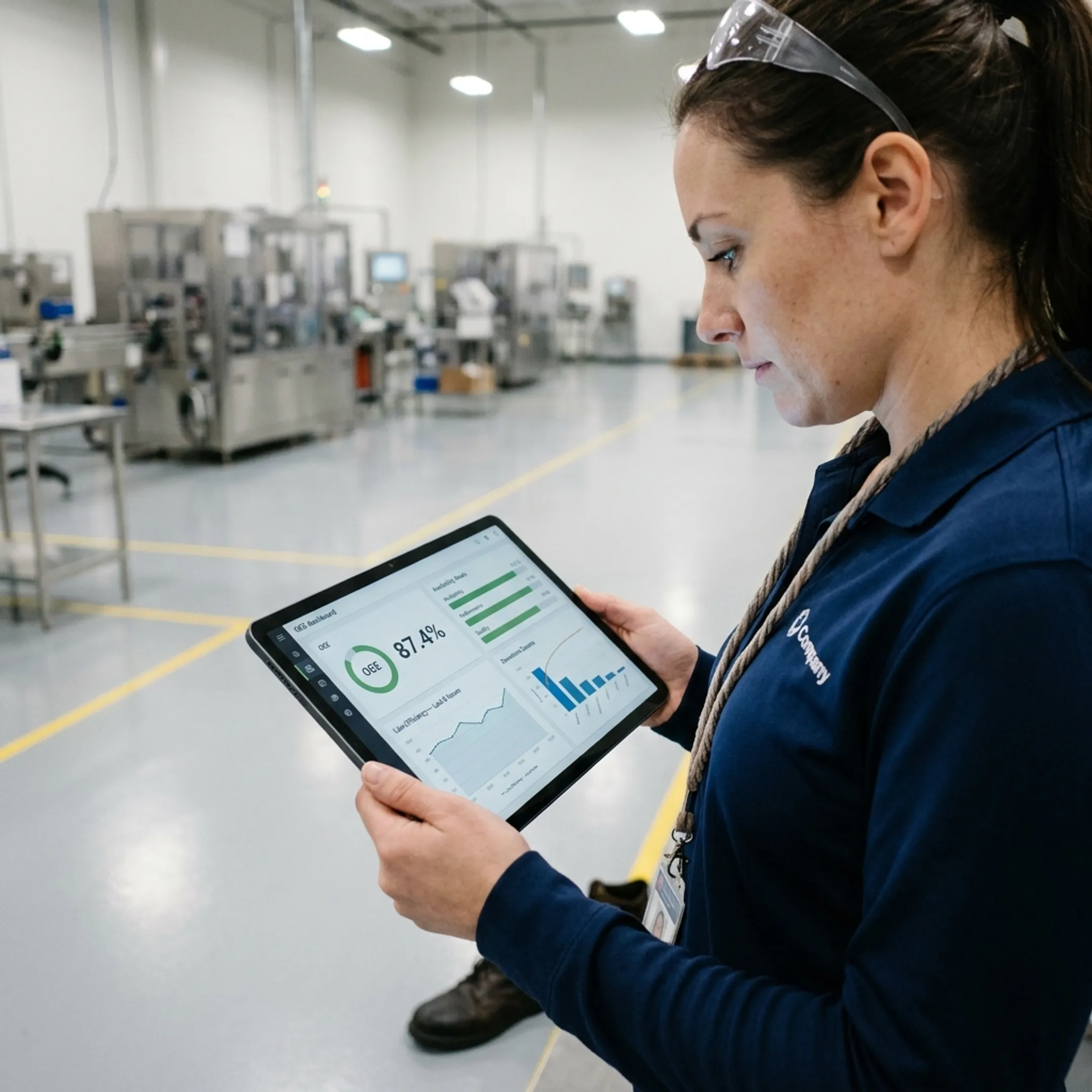 Plant floor supervisor reviewing automated OEE performance metrics on tablet