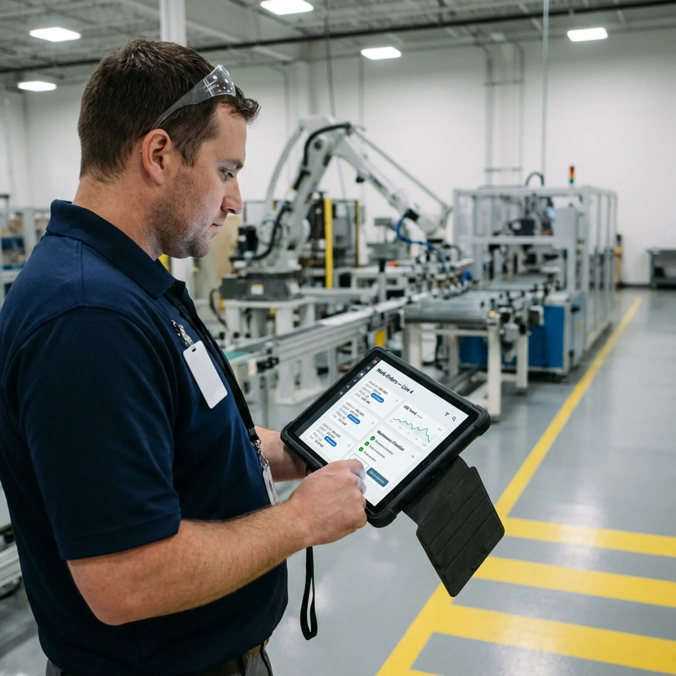 Technician reviewing work order details on tablet screen