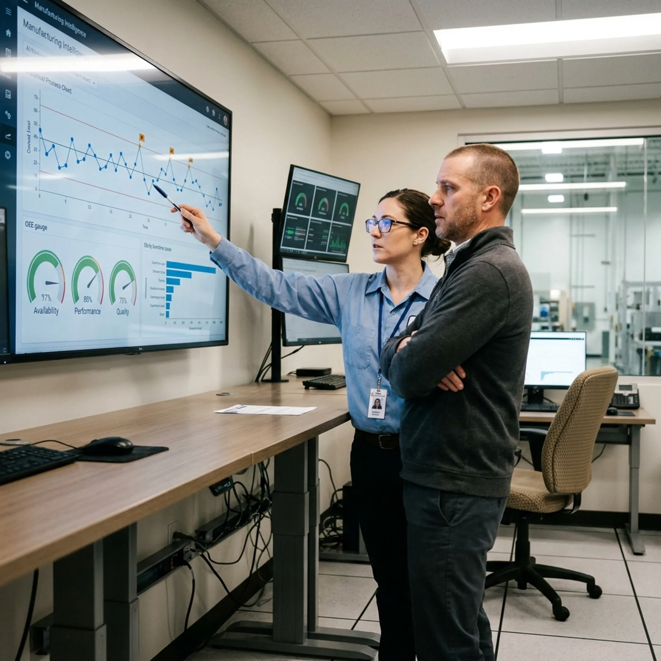 Engineer analyzing automated manufacturing performance analytics on a computer screen