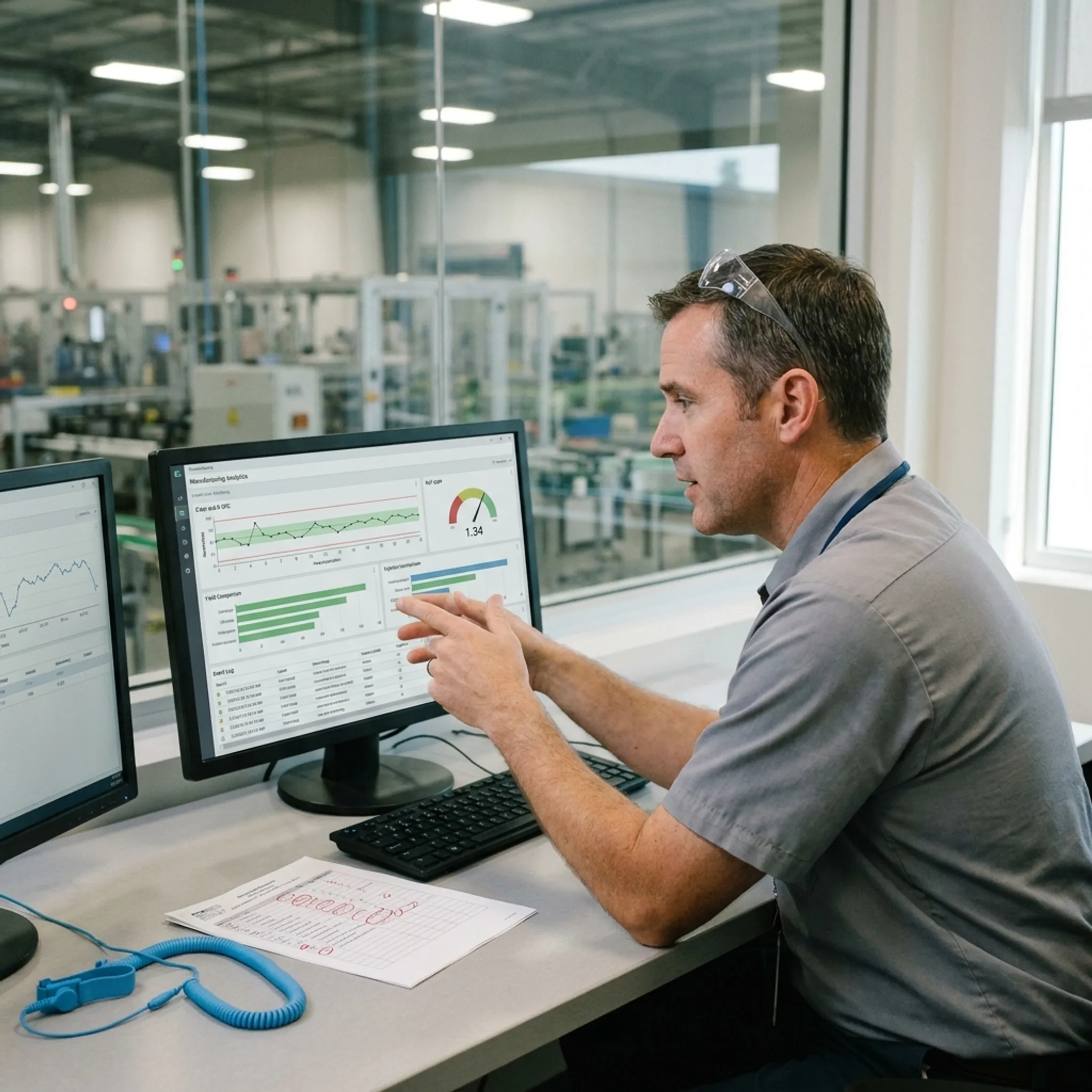 Statistical Process Control software interface displaying real-time control charts and process capability metrics