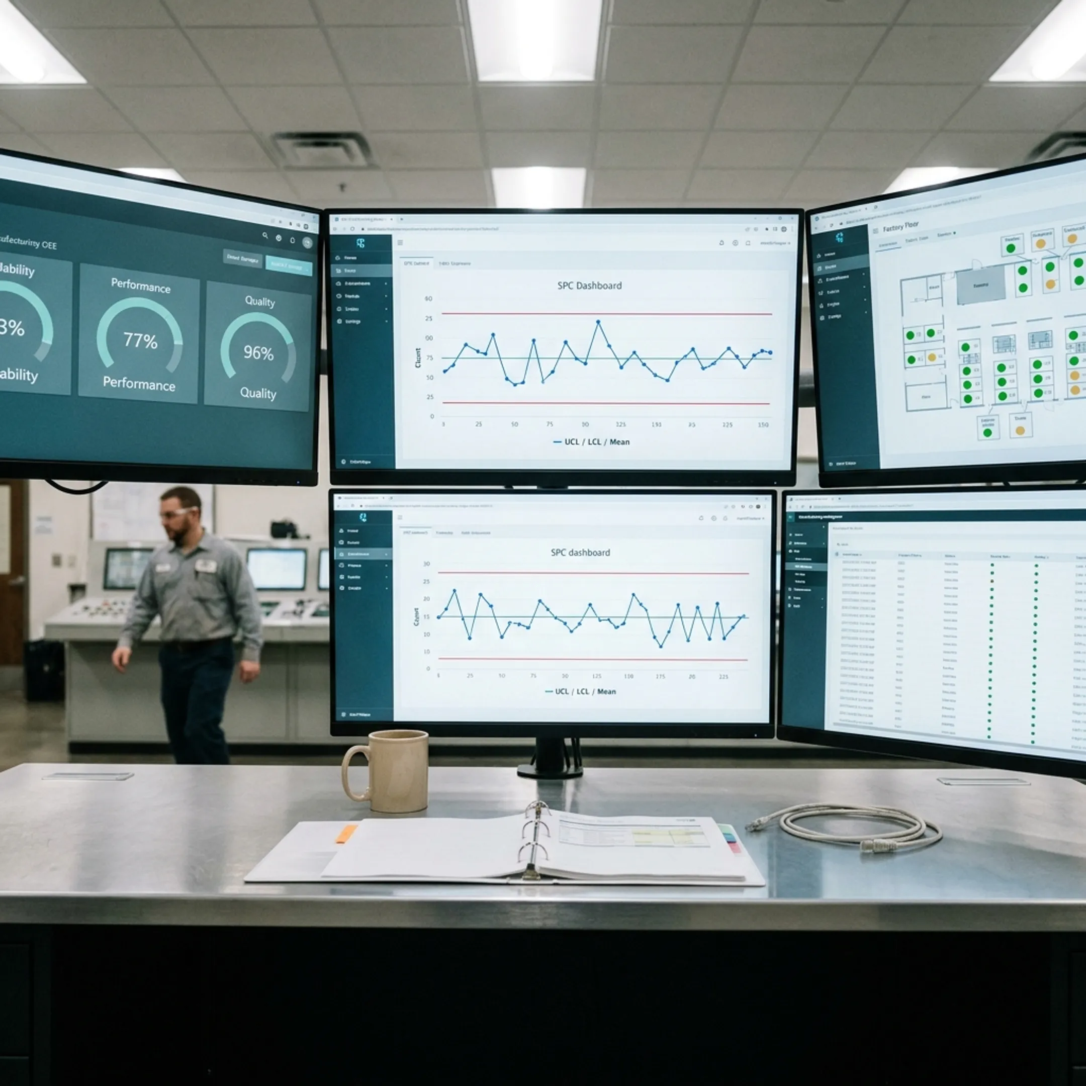 Digital dashboard showing live statistical process control limits and production line telemetry