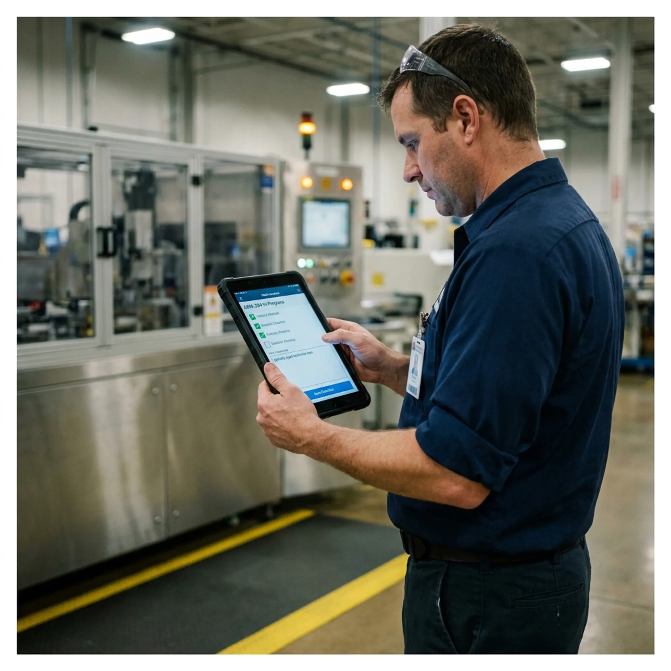 Technician updating digital equipment maintenance log on mobile device