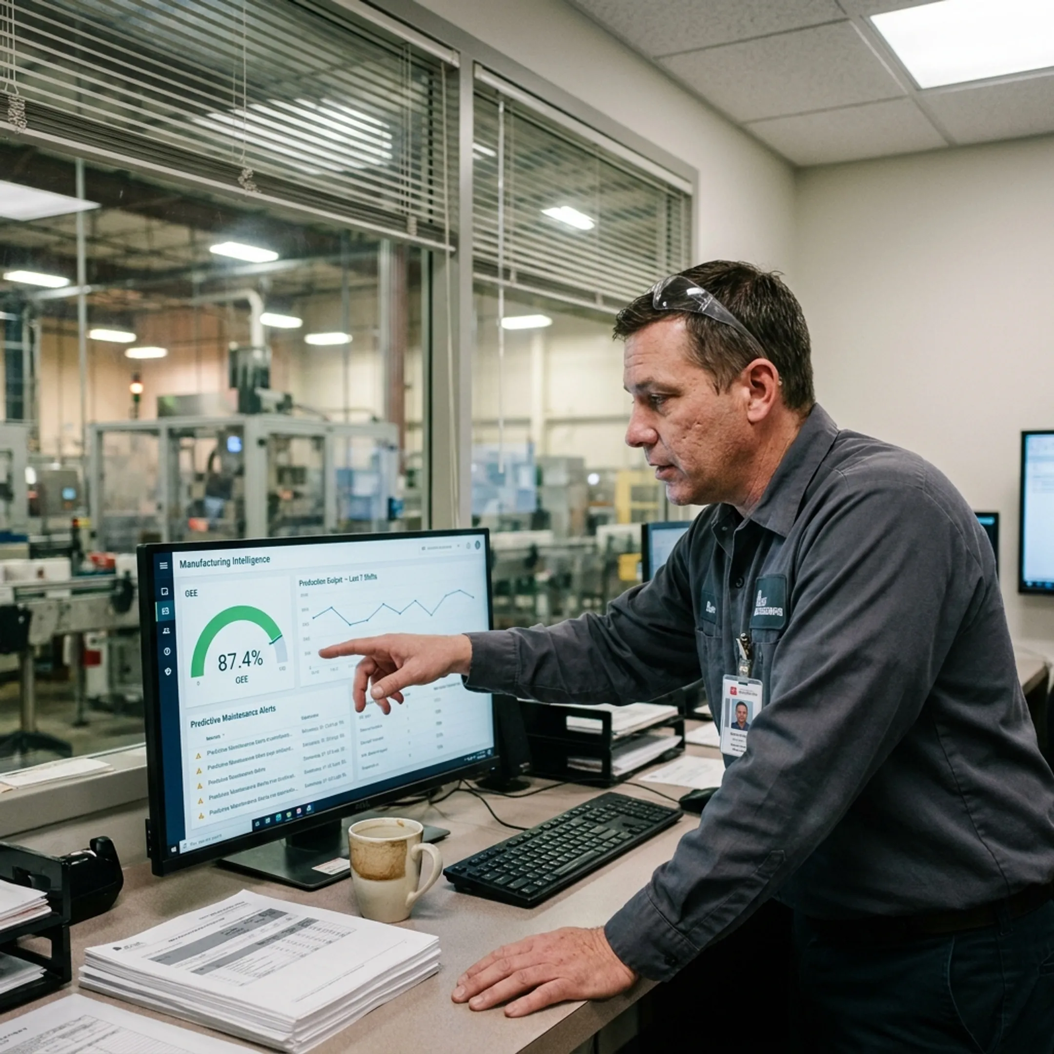 Industrial automation analytics software displaying machine efficiency charts on a control monitor