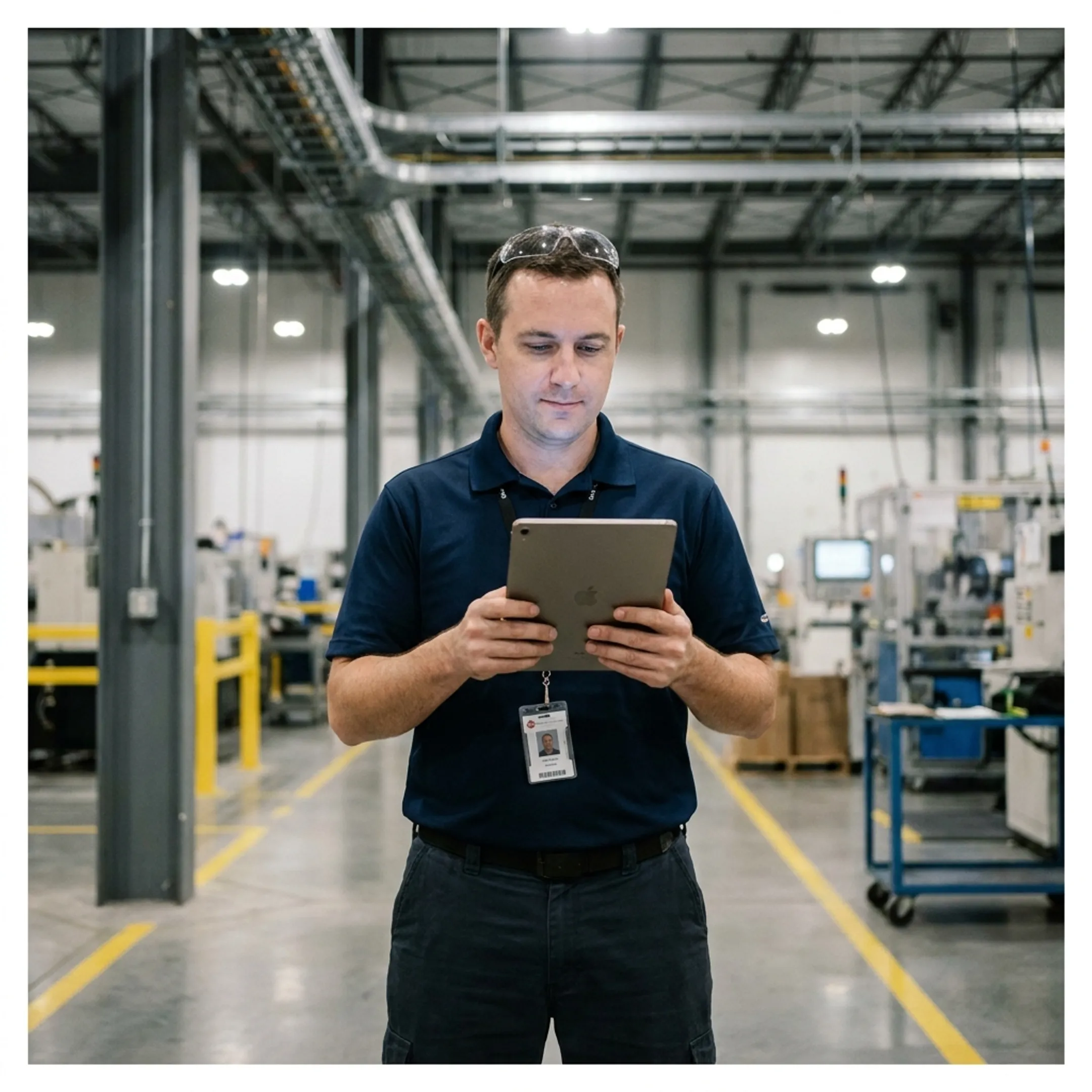 Facility manager reviewing asset performance and work order status on a tablet computer.