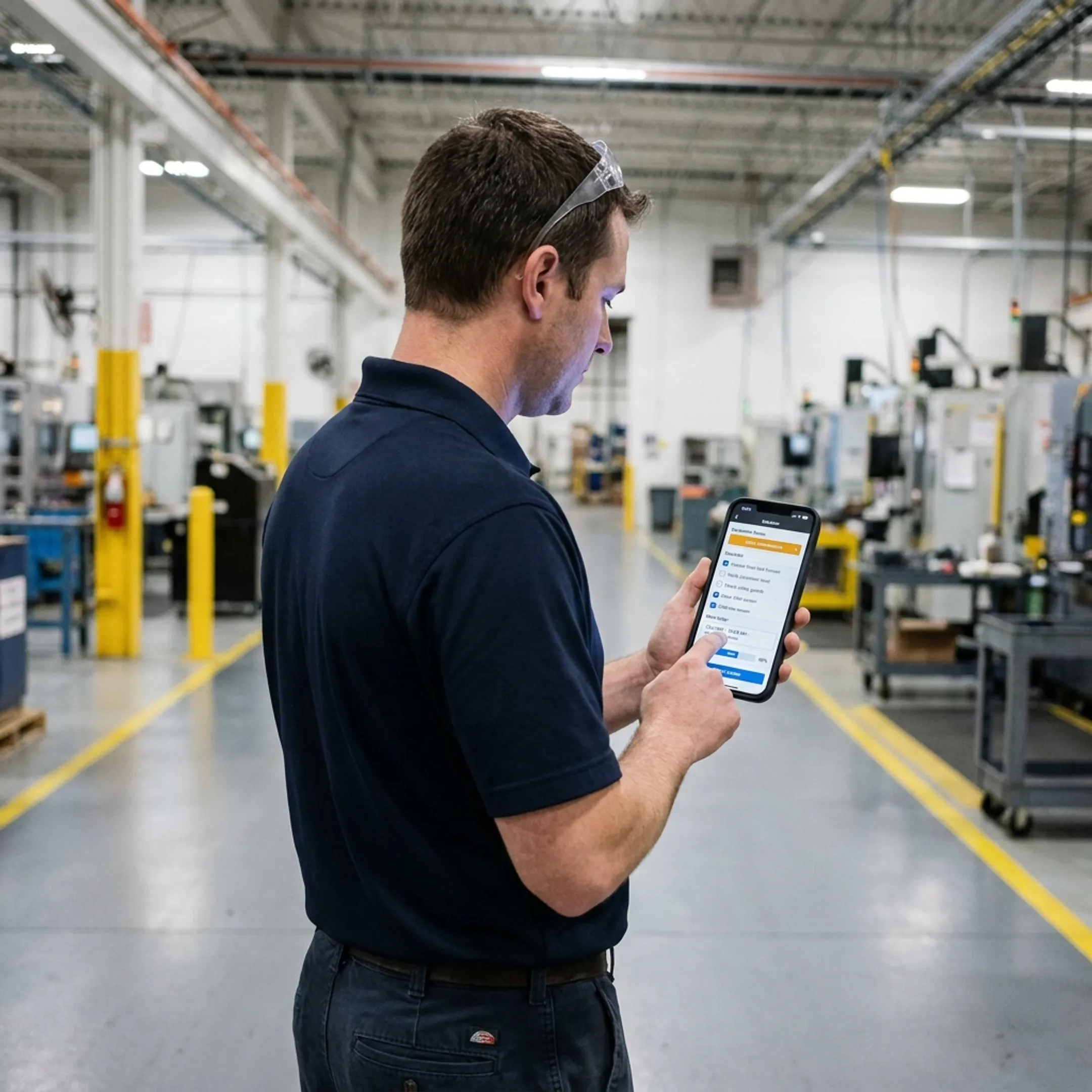 Engineer using a mobile CMMS application on a phone inside a modern manufacturing plant