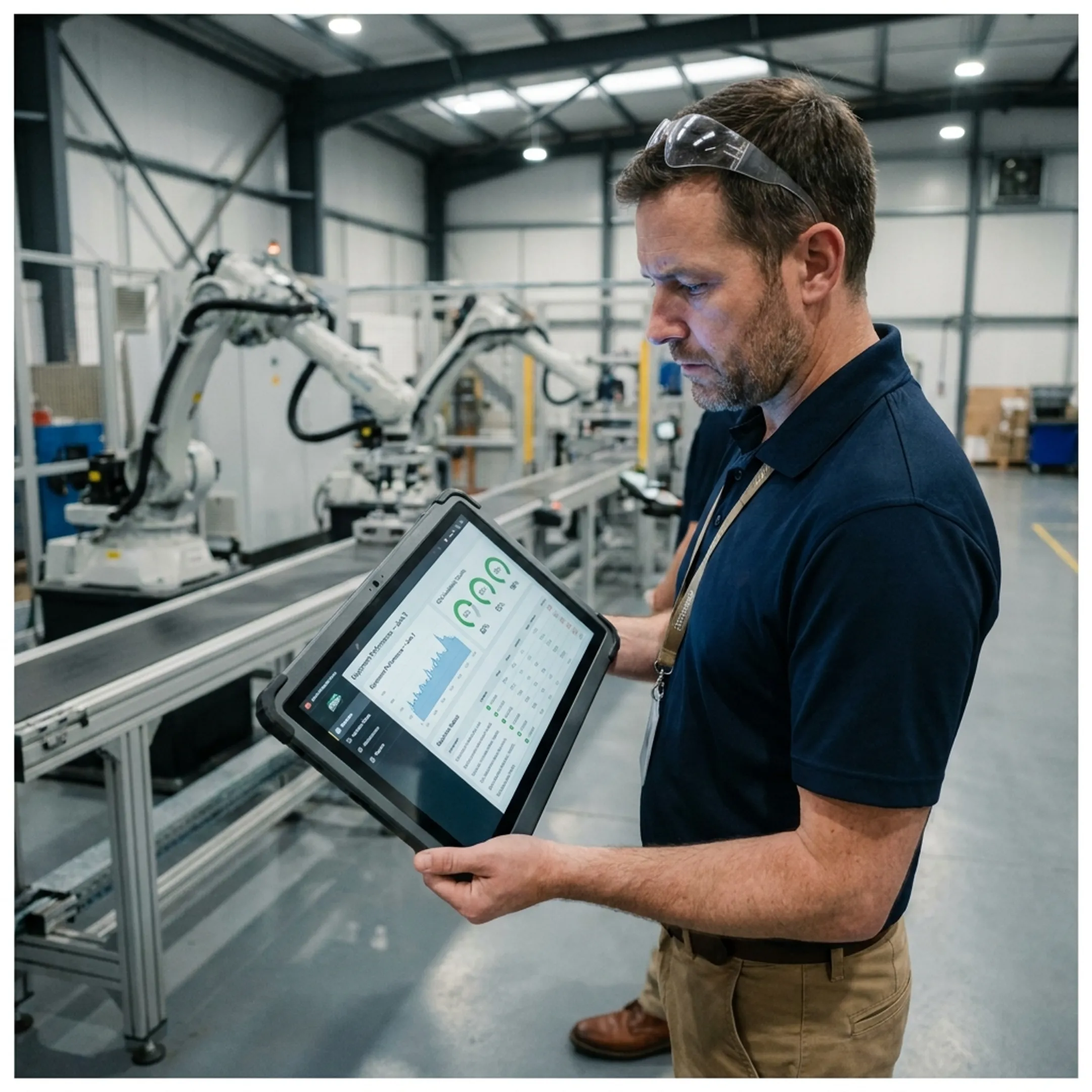Plant manager evaluating live production analytics on a tablet display