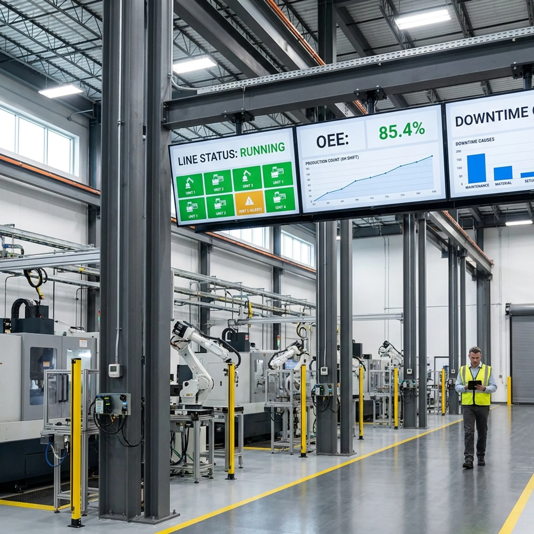 Automated factory production line connected with industrial IoT sensors and digital monitoring screens