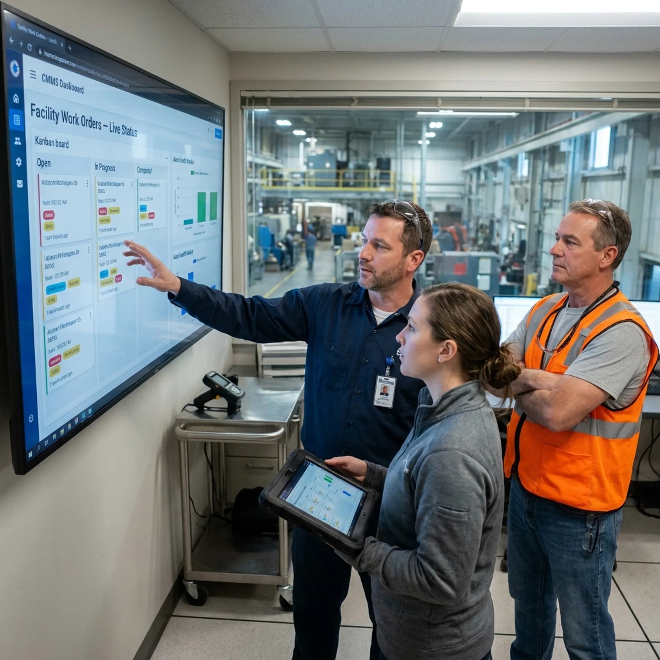 Operations team reviewing cloud facility management metrics