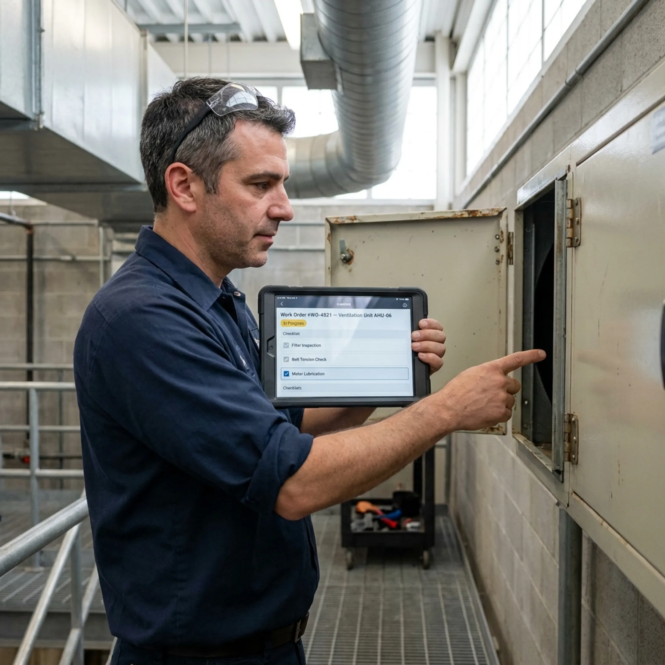 Plant technician inspecting facility machinery using maintenance software on a mobile tablet