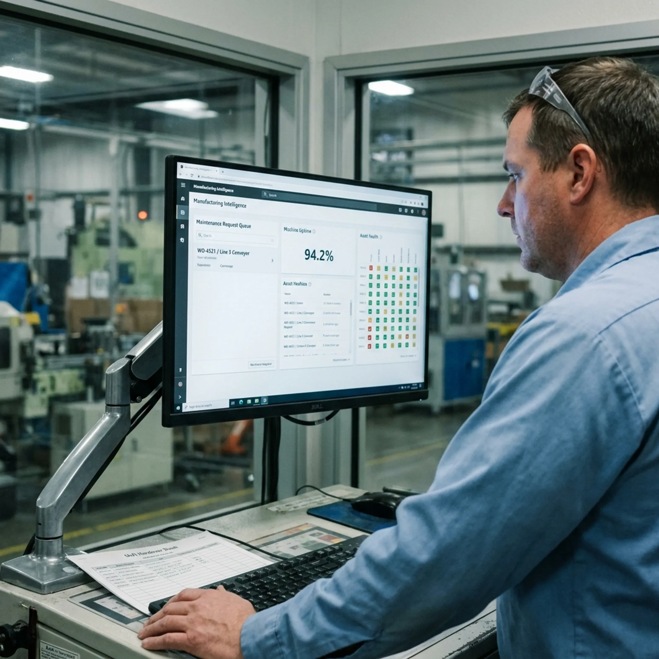 Digital dashboard displaying maintenance request logs and equipment uptime analytics