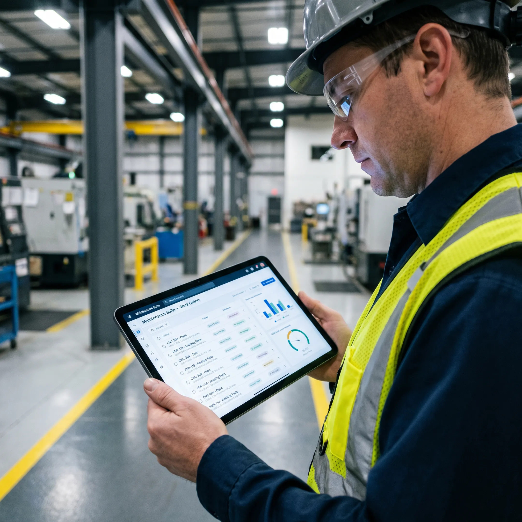 Plant technician reviewing maintenance requests on a digital tablet in a factory