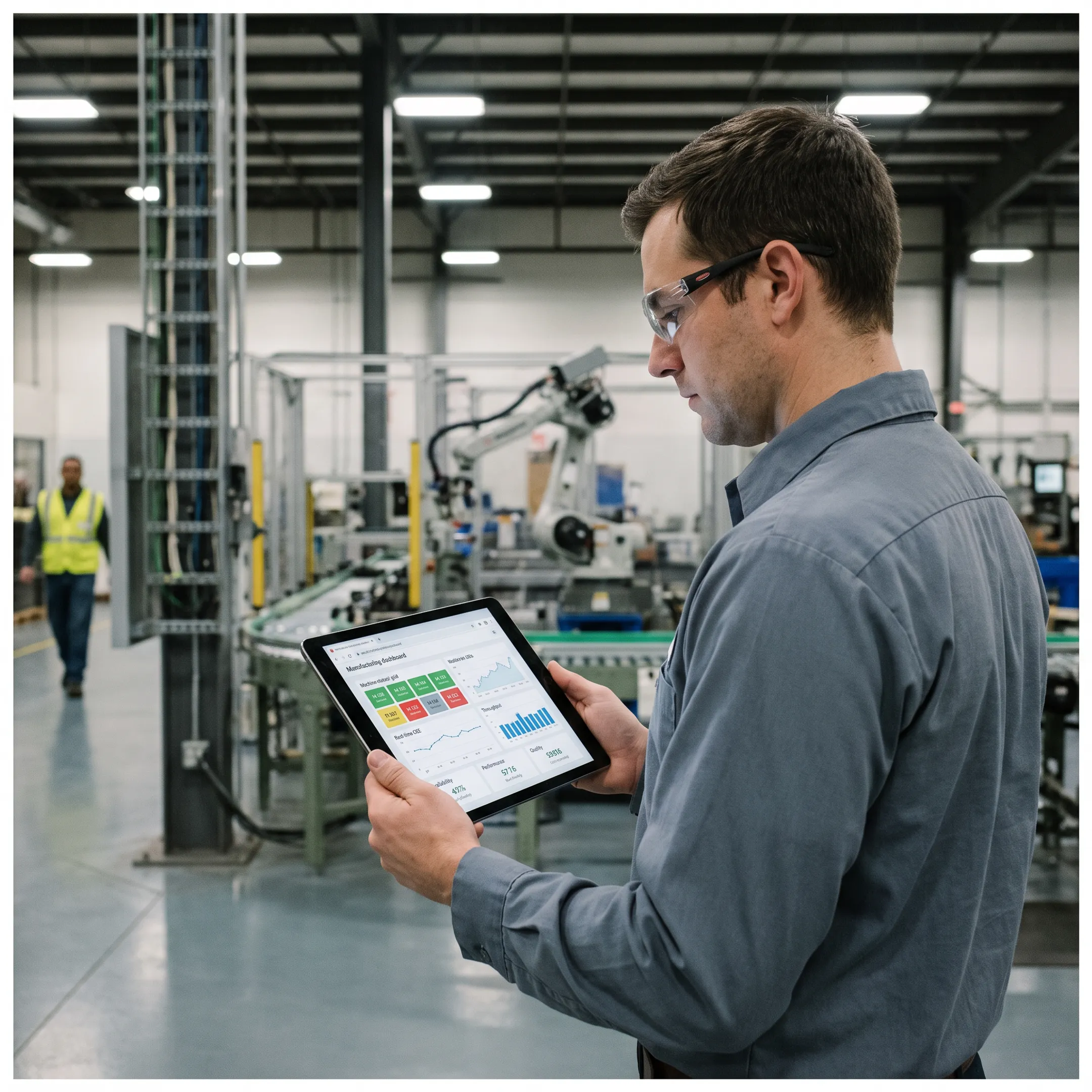 Industrial engineer monitoring automated data acquisition system dashboard in a factory