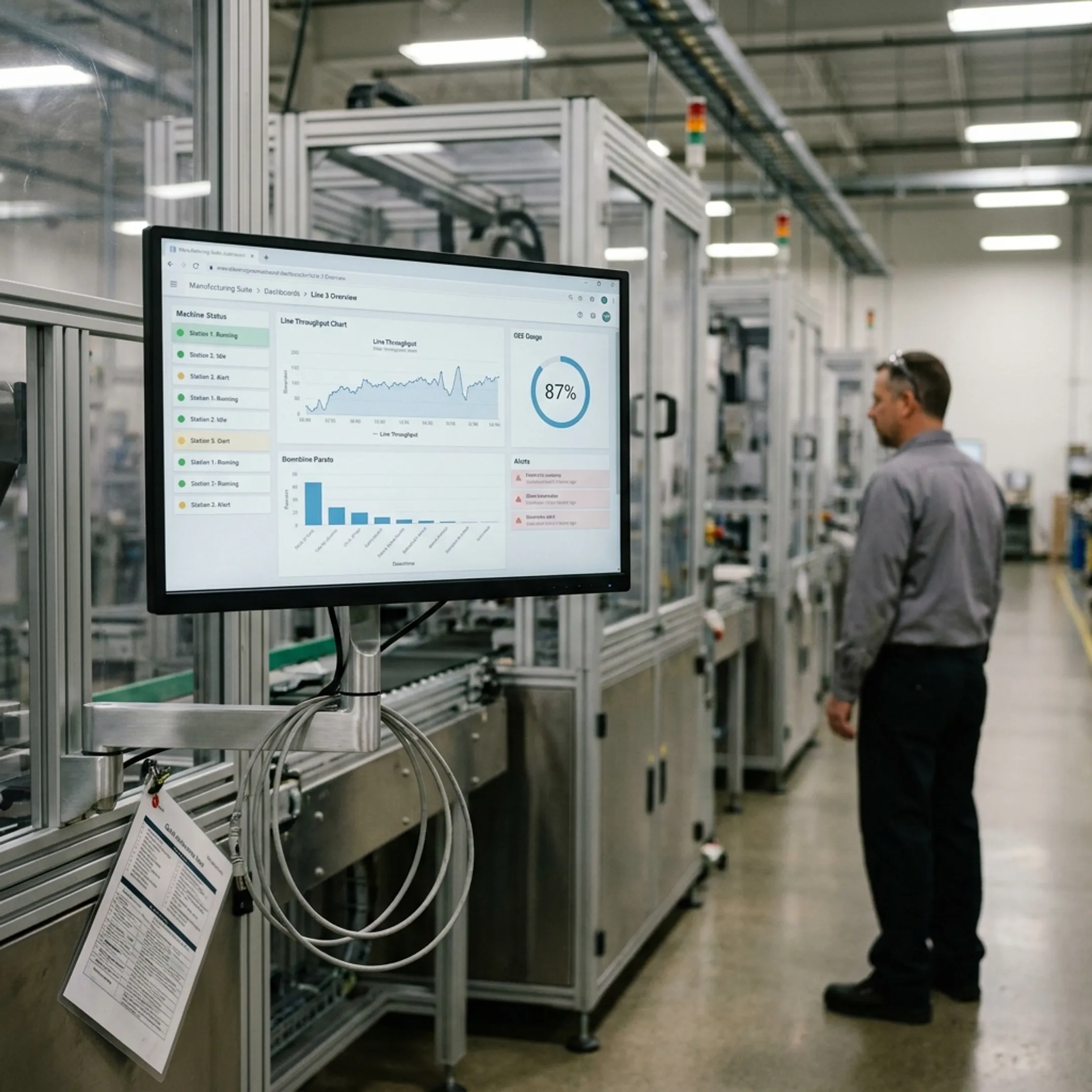 Real-time production tracking interface on an industrial computer screen in a cleanroom facility