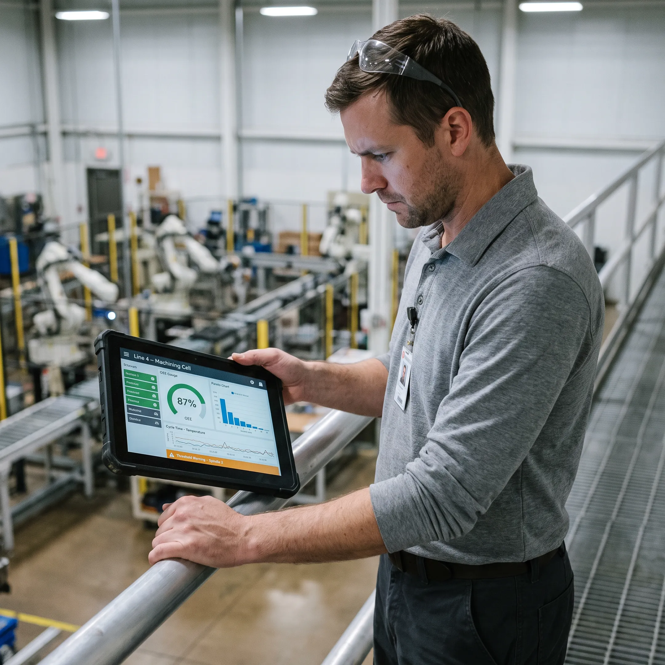 Industrial IoT software platform dashboard showing real-time factory floor metrics and machine status