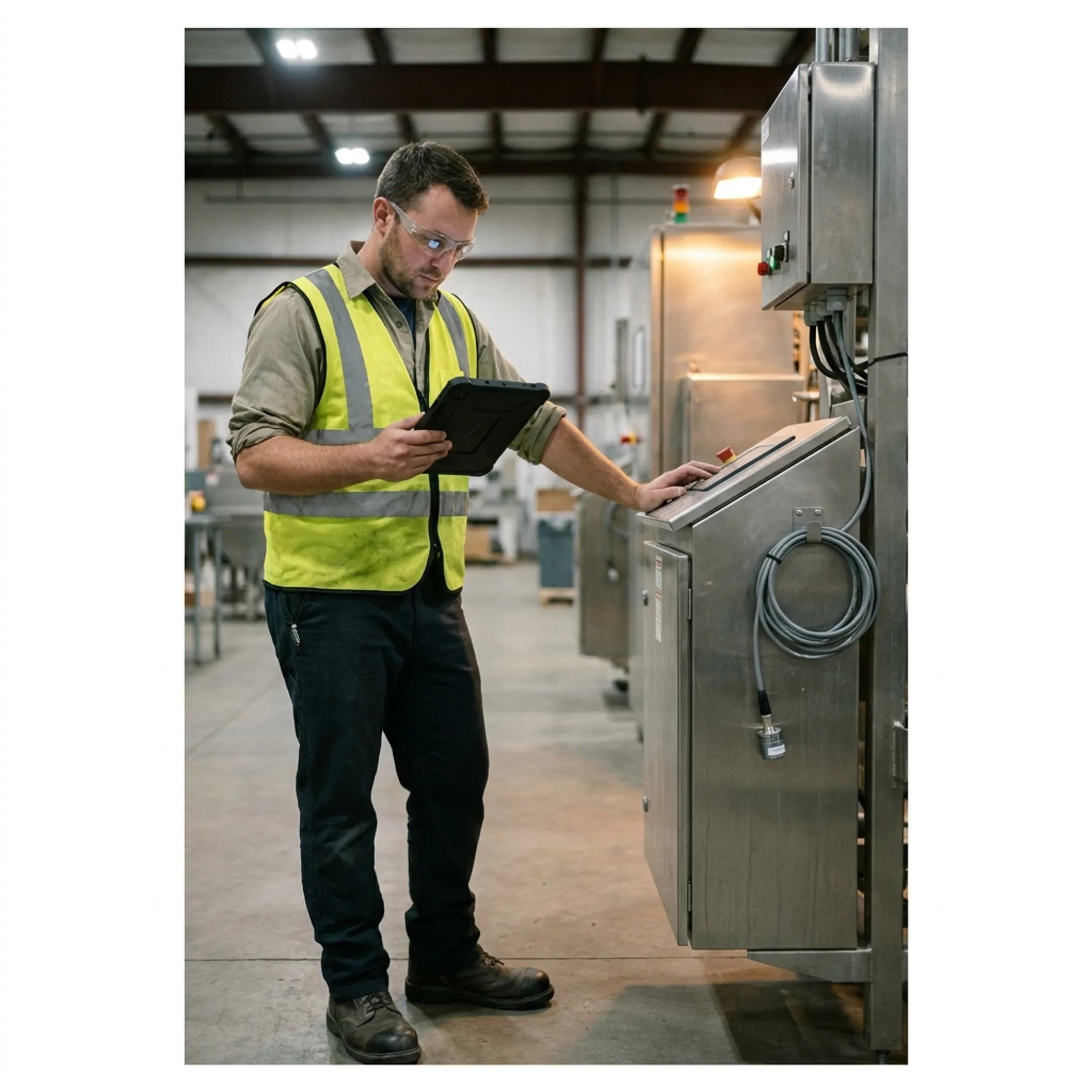 Plant engineer reviewing facility monitoring telemetry on a tablet