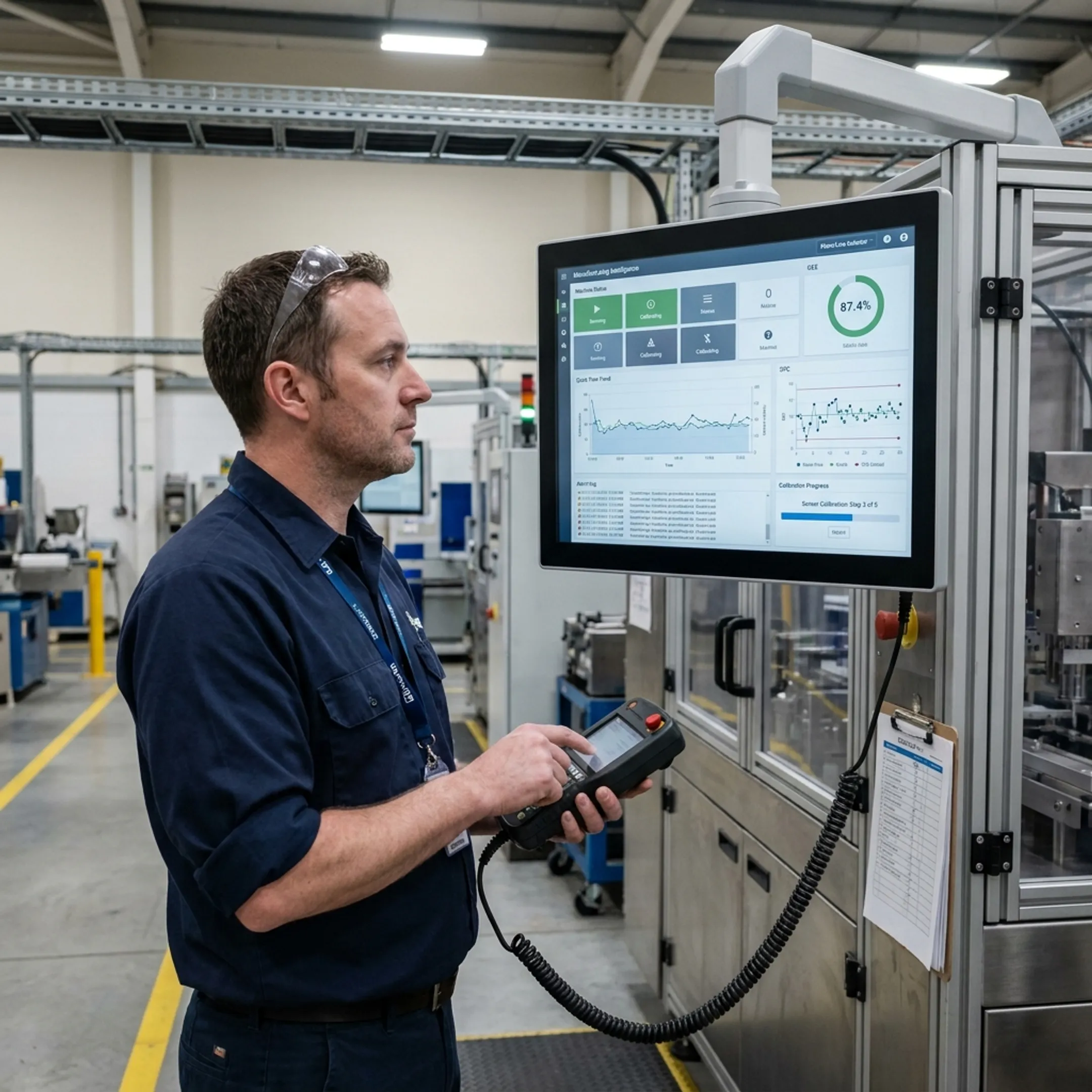 Engineer inspecting factory machinery with automated calibration software displayed on an adjacent monitor