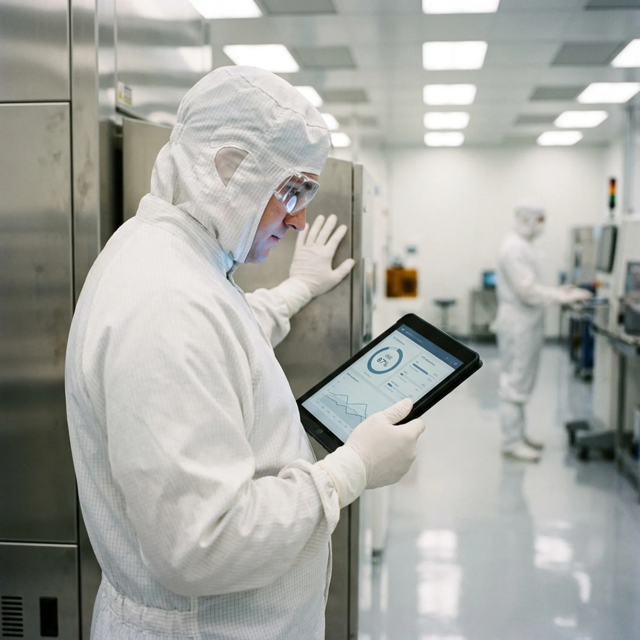 Maintenance engineer analyzing equipment health and work order status on mobile device