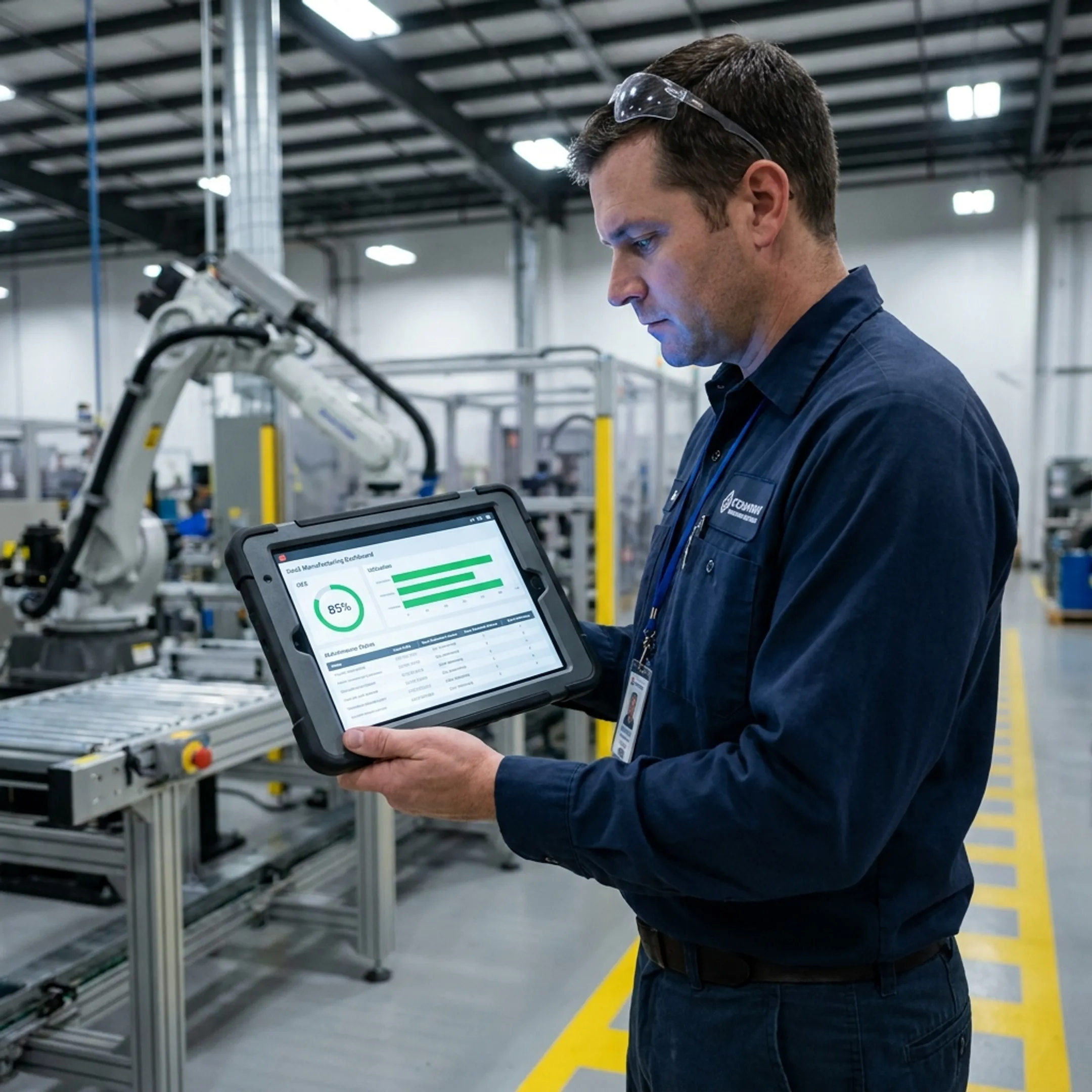 Technician reviewing plant management analytics on tablet