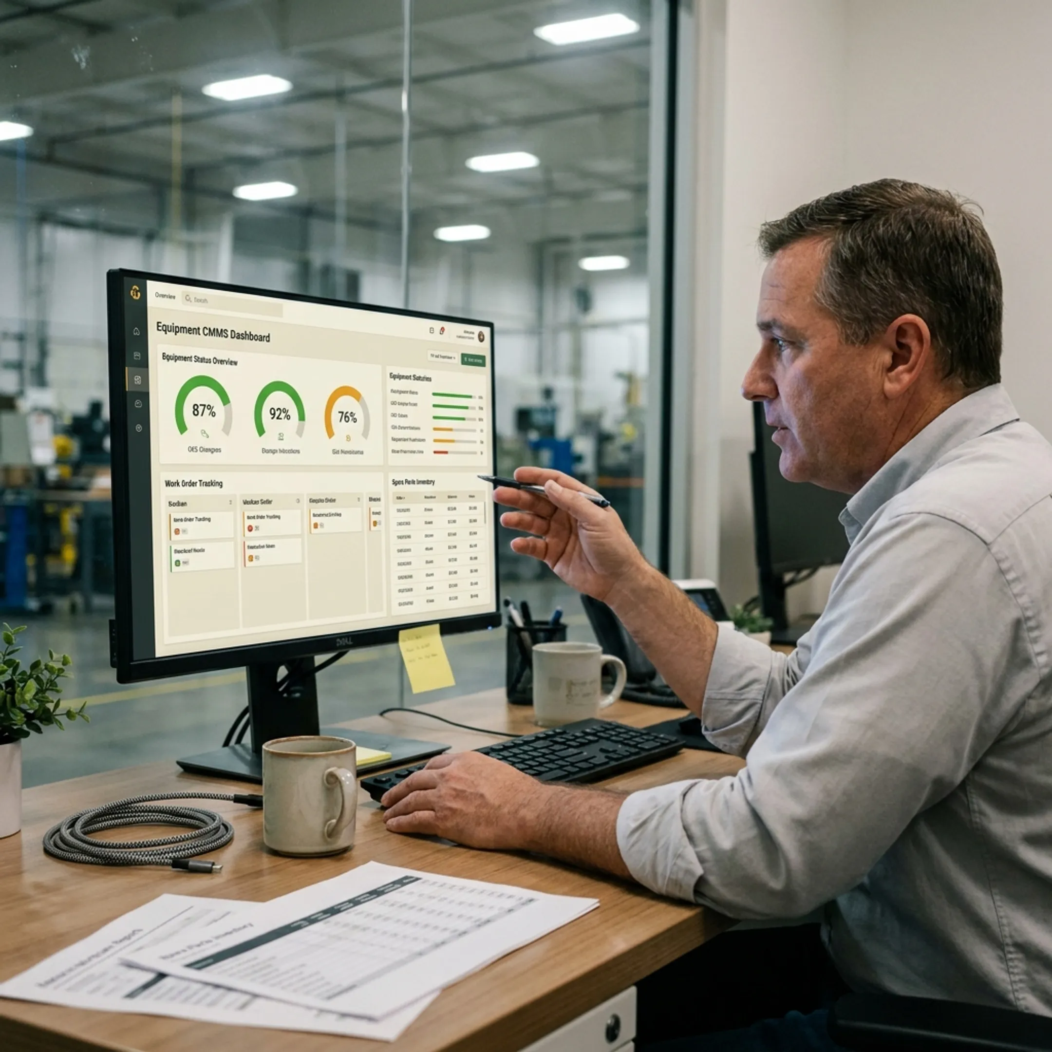 Dashboard view of maintenance schedules and parts inventory levels on a computer monitor