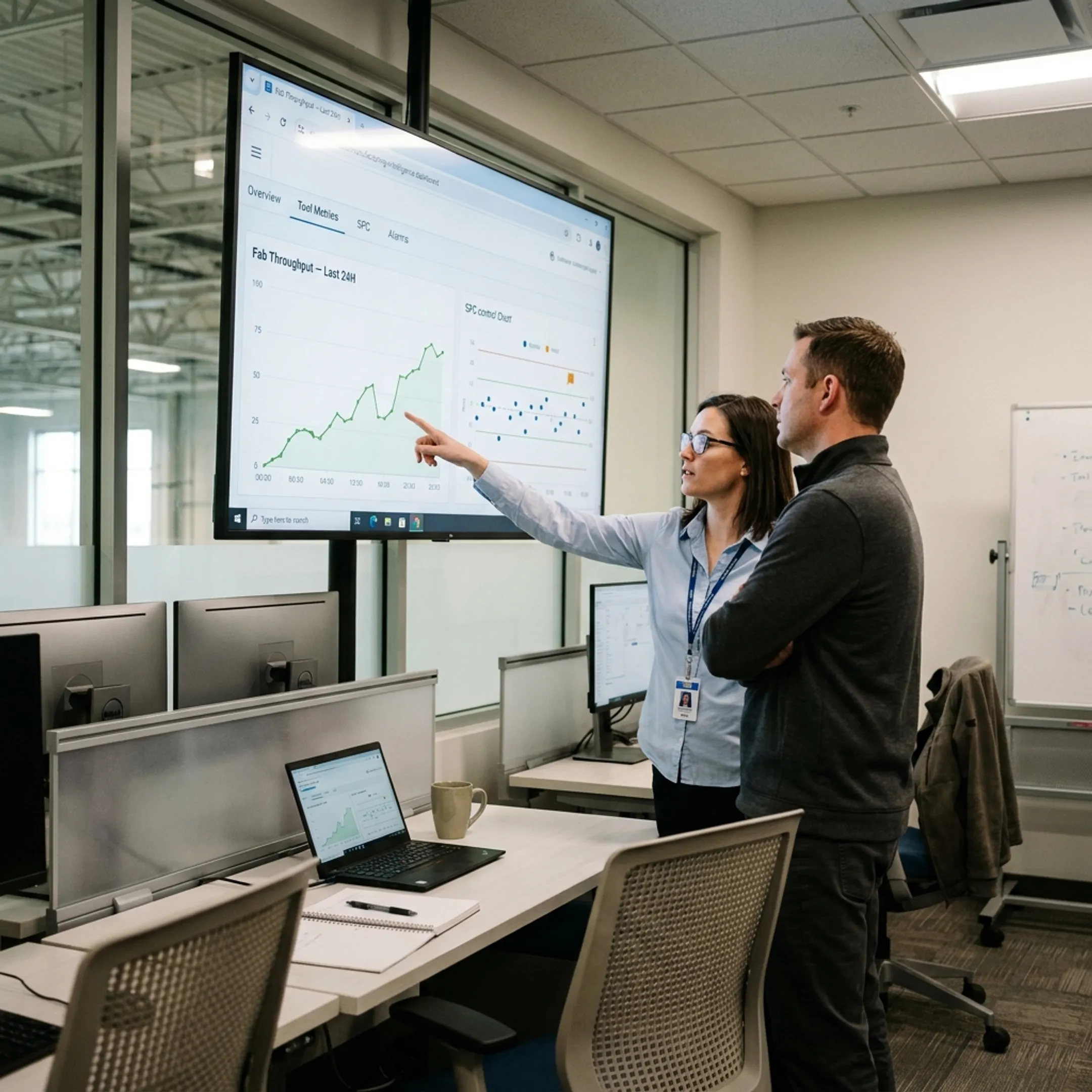 Engineers reviewing semiconductor fabrication analytics on multi-screen displays