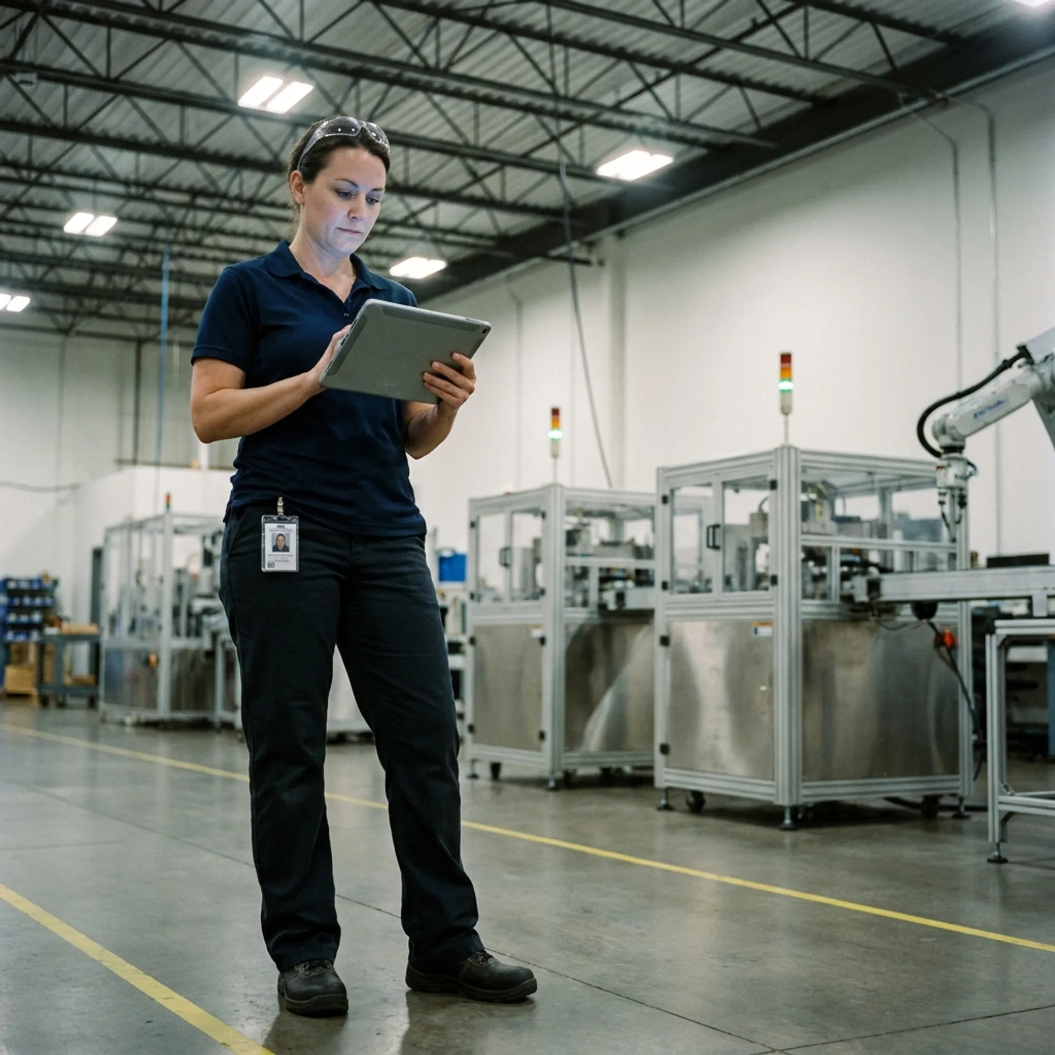 Industrial engineer inspecting assembly line equipment with tablet showing visual factory MES software