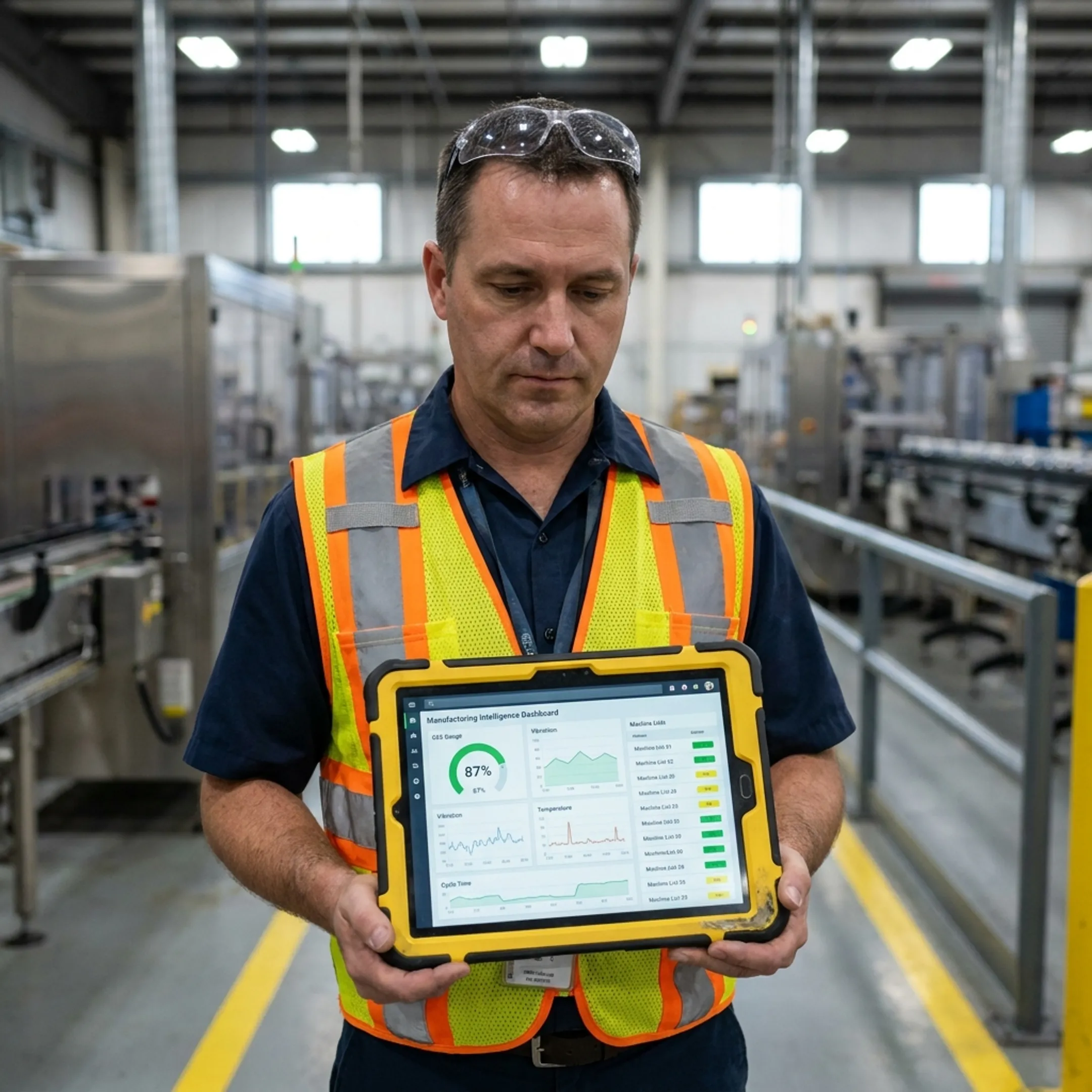 Engineers reviewing real-time manufacturing intelligence software on tablet interface.