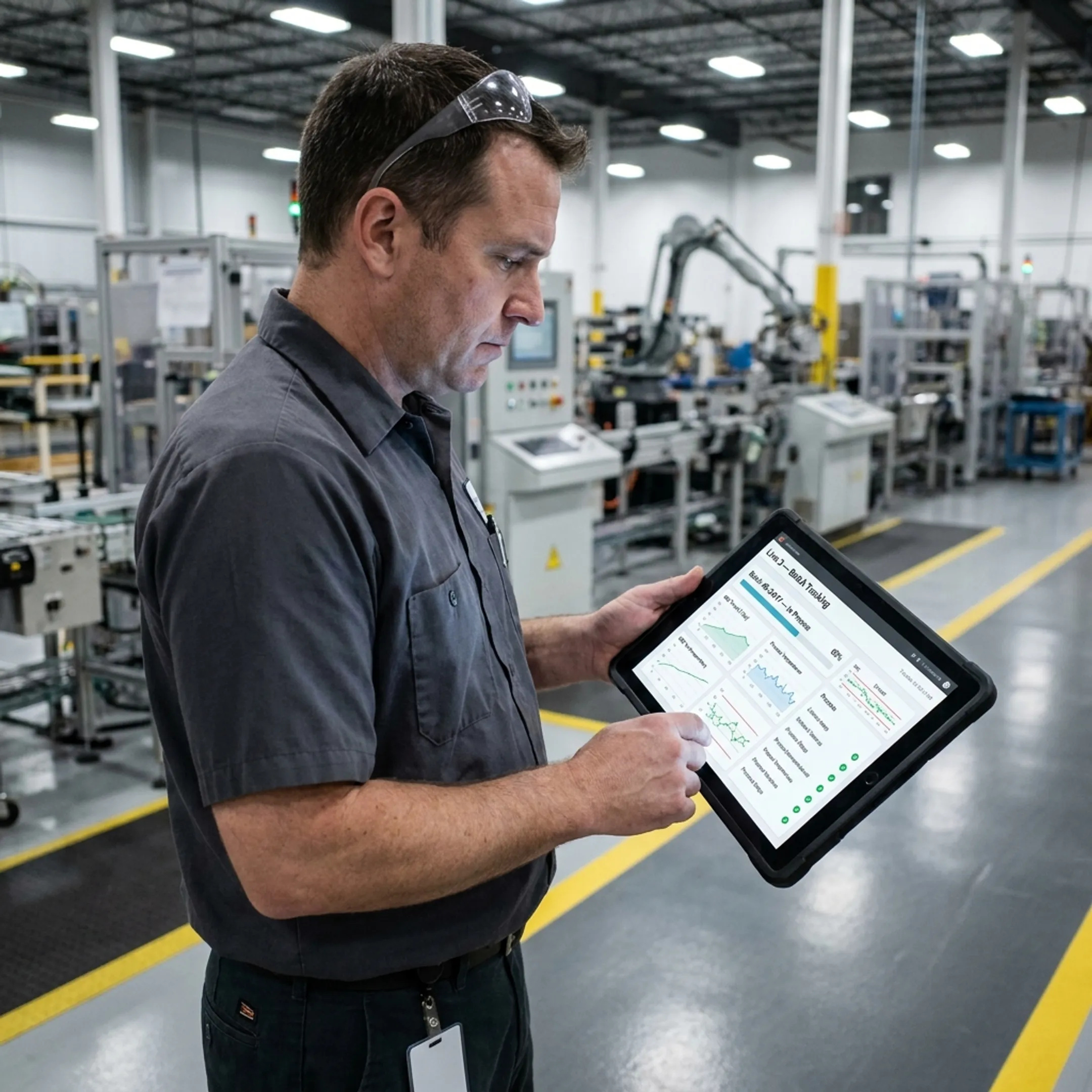 Digital manufacturing work in progress interface displaying live asset performance and cycle times