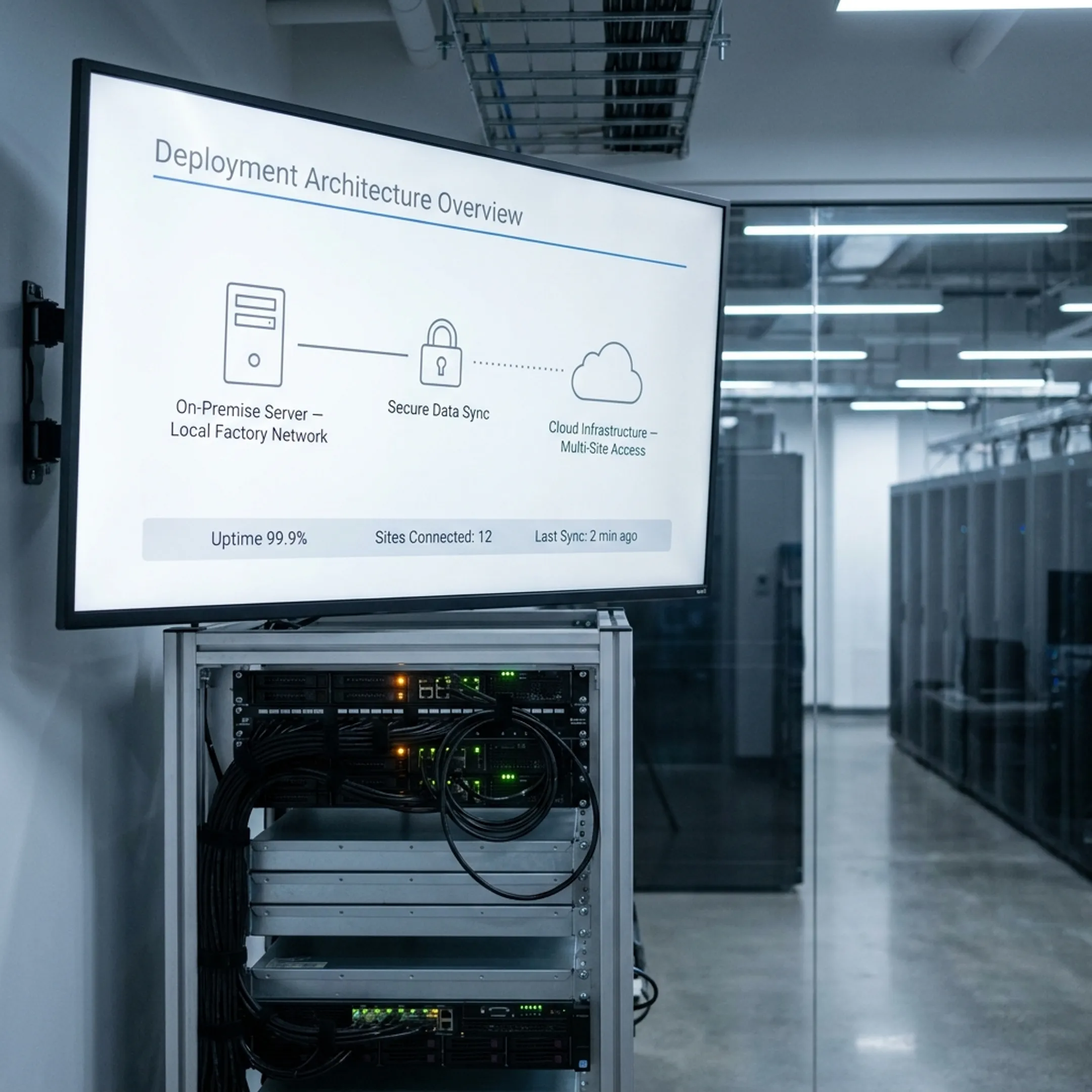 Architectural diagram showing on-premise server deployment and cloud CMMS connectivity for manufacturing facilities.