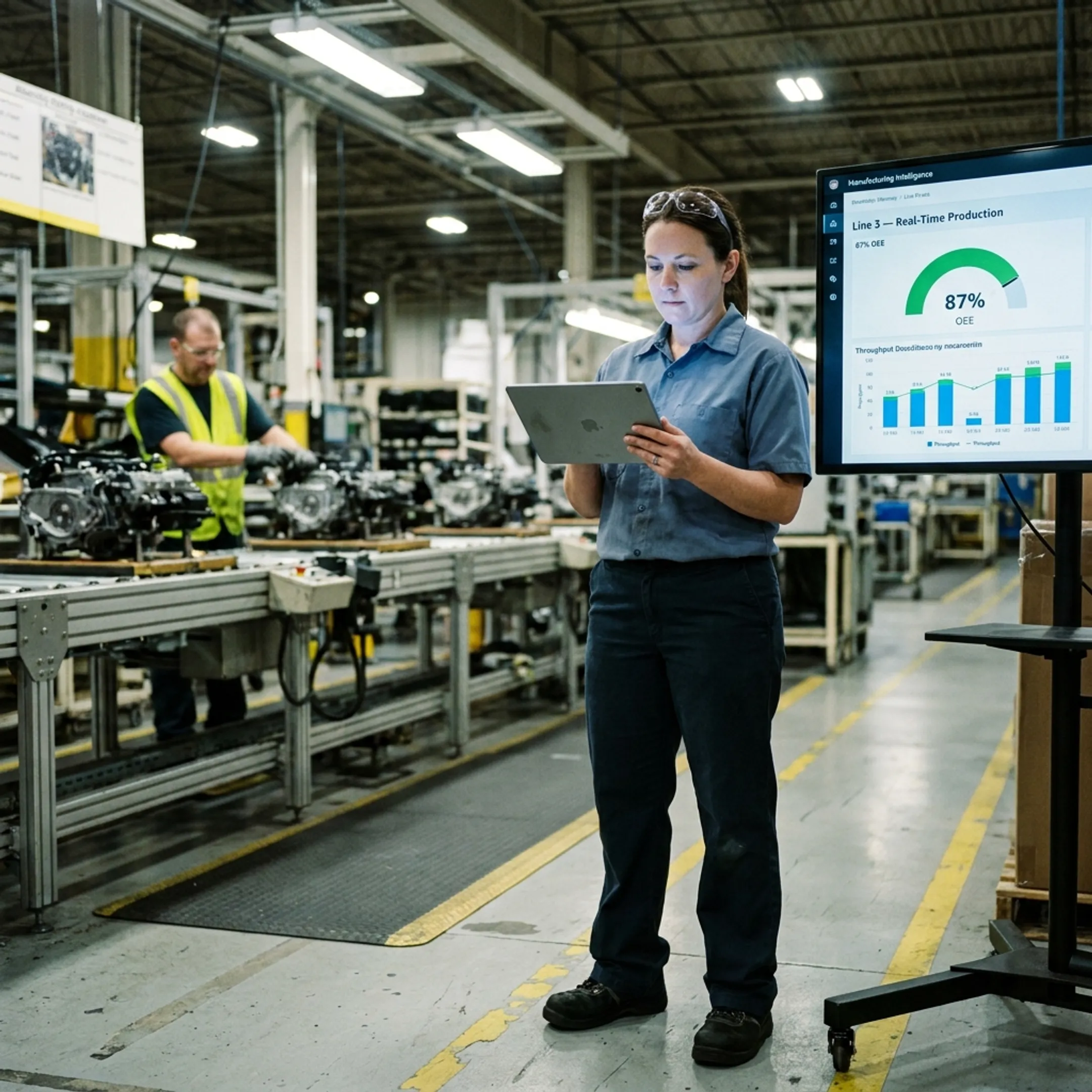 Real-time production tracking metrics displayed on a tablet computer on a factory floor