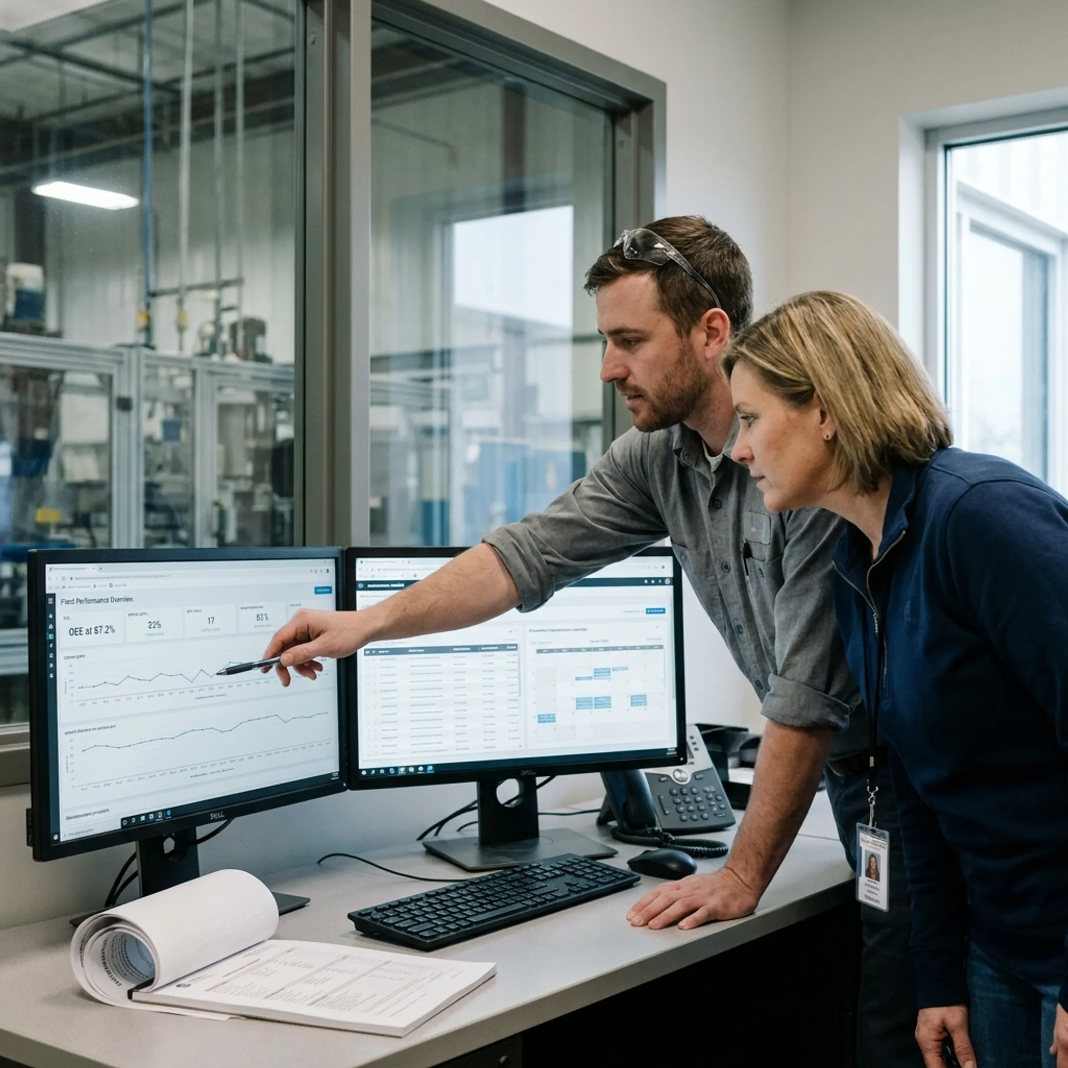 Operations team collaborating over facility management software dashboards