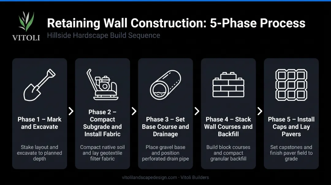 5-phase raised paver patio construction process flow diagram for hillside lots