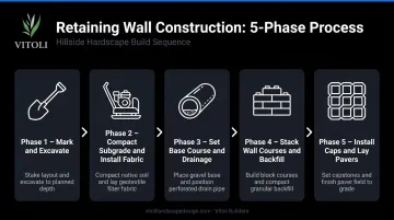 5-phase raised paver patio construction process flow diagram for hillside lots