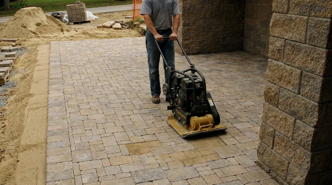 Concrete pavers being installed over compacted sand bed with consistent joint spacing