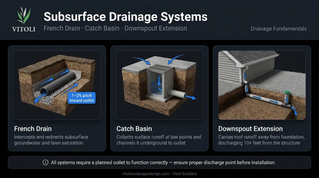 Three subsurface drainage solutions French drain catch basin and downspout extension diagram