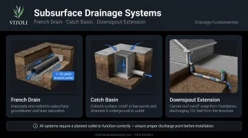 Three subsurface drainage solutions French drain catch basin and downspout extension diagram