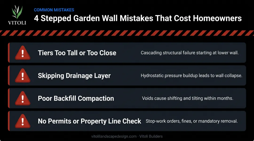 Four common stepped garden wall mistakes and consequences warning infographic