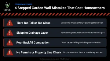 Four common stepped garden wall mistakes and consequences warning infographic
