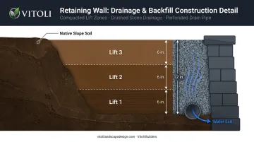 Retaining wall drainage zone and backfill compaction layers cross-section diagram